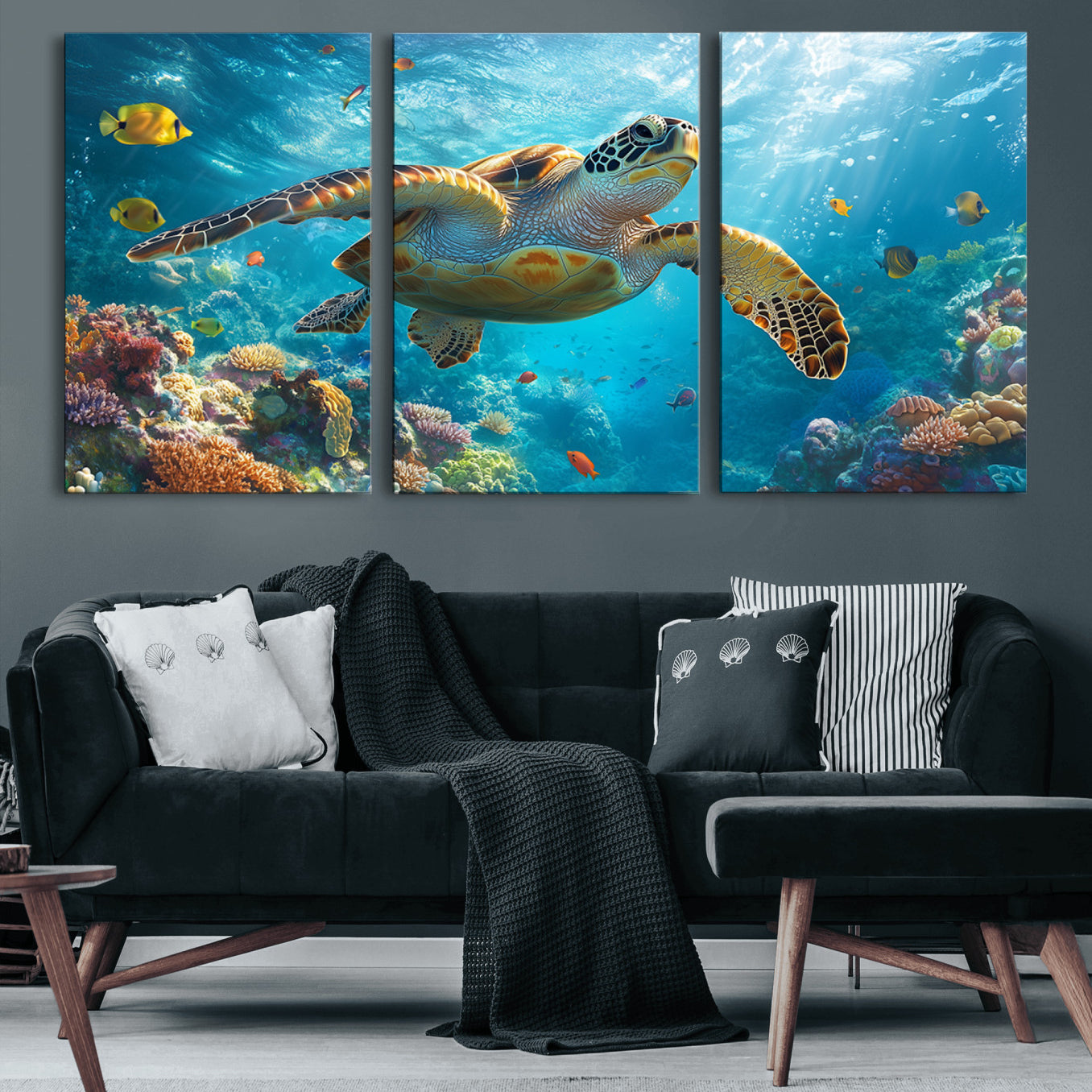 37623-MGV-CV-60X30-3P-Sea Turtle Underwater Canvas Wall Art Print - Vibrant Ocean Wildlife Decor, Marine Wall Art