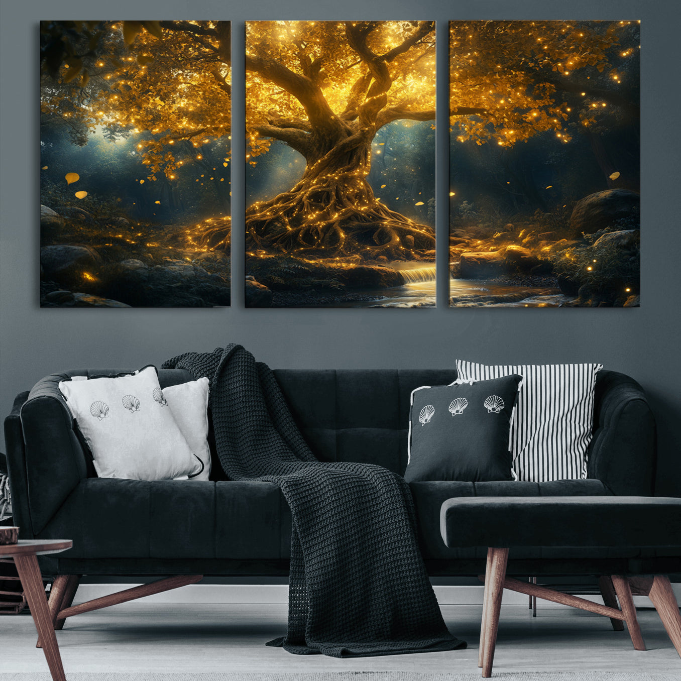 92739-MGV-CV-60X30-3P-Golden Tree of Life Canvas Wall Art Print - Majestic Glowing Tree Wall Art Print