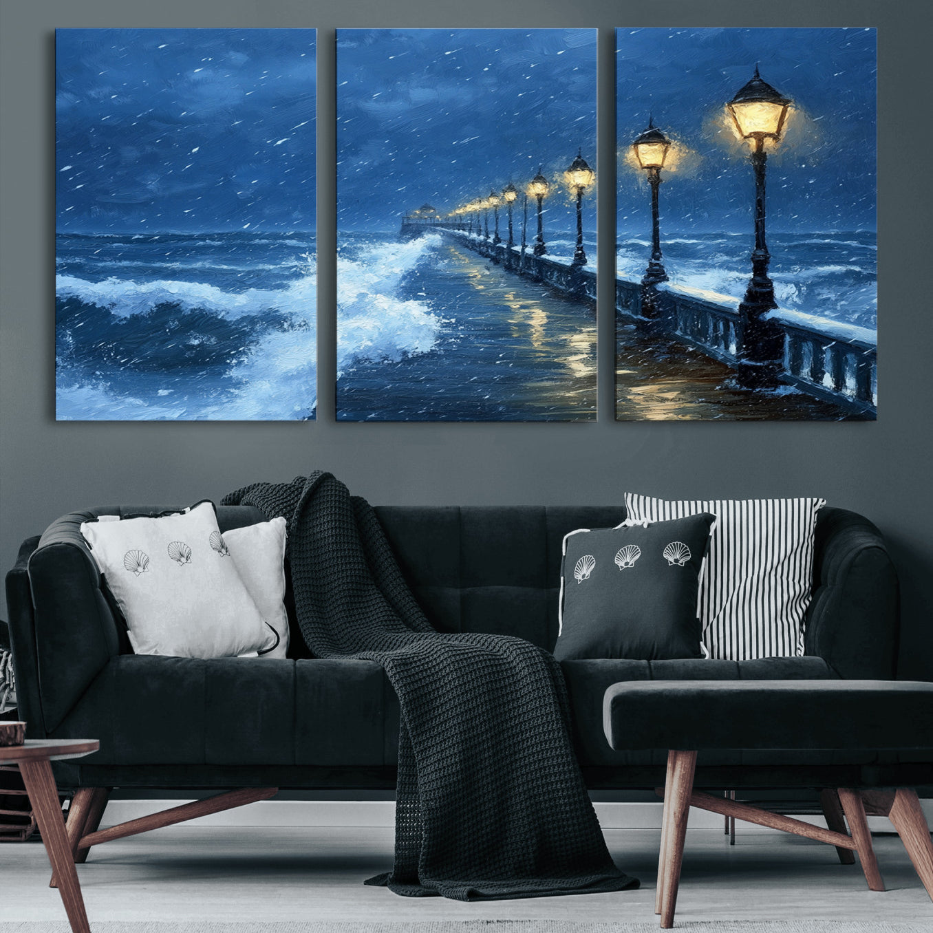 32668-MGV-CV-60X30-3P-Stormy Ocean Pier Lights Canvas Wall Art Print - Large Moody Night Scene for Living Room, or Office,