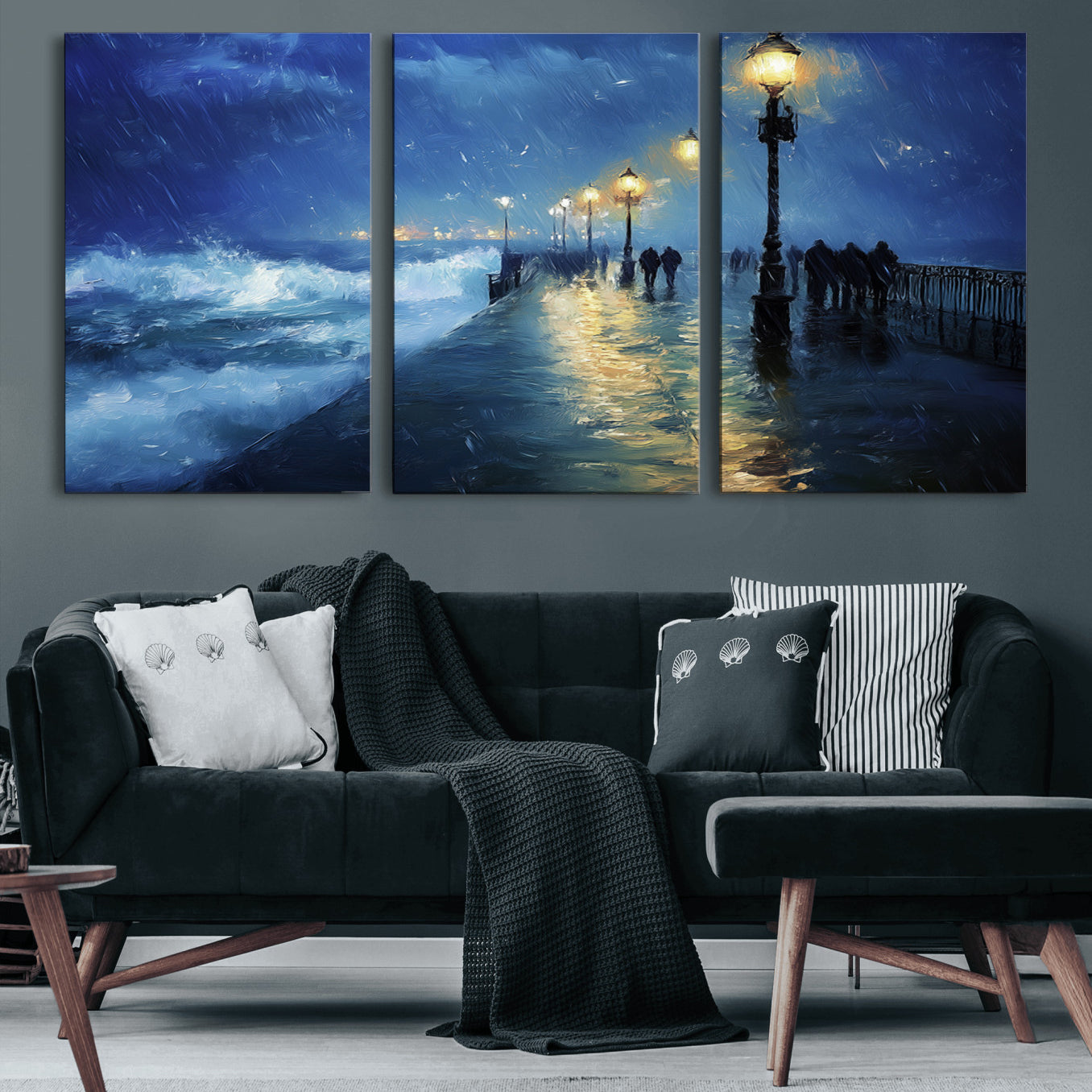 94571-MGV-CV-60X30-3P-Storm Ocean Pier Canvas Wall Art Print - Large Moody Night Scene Print, Seaside Wall Decor