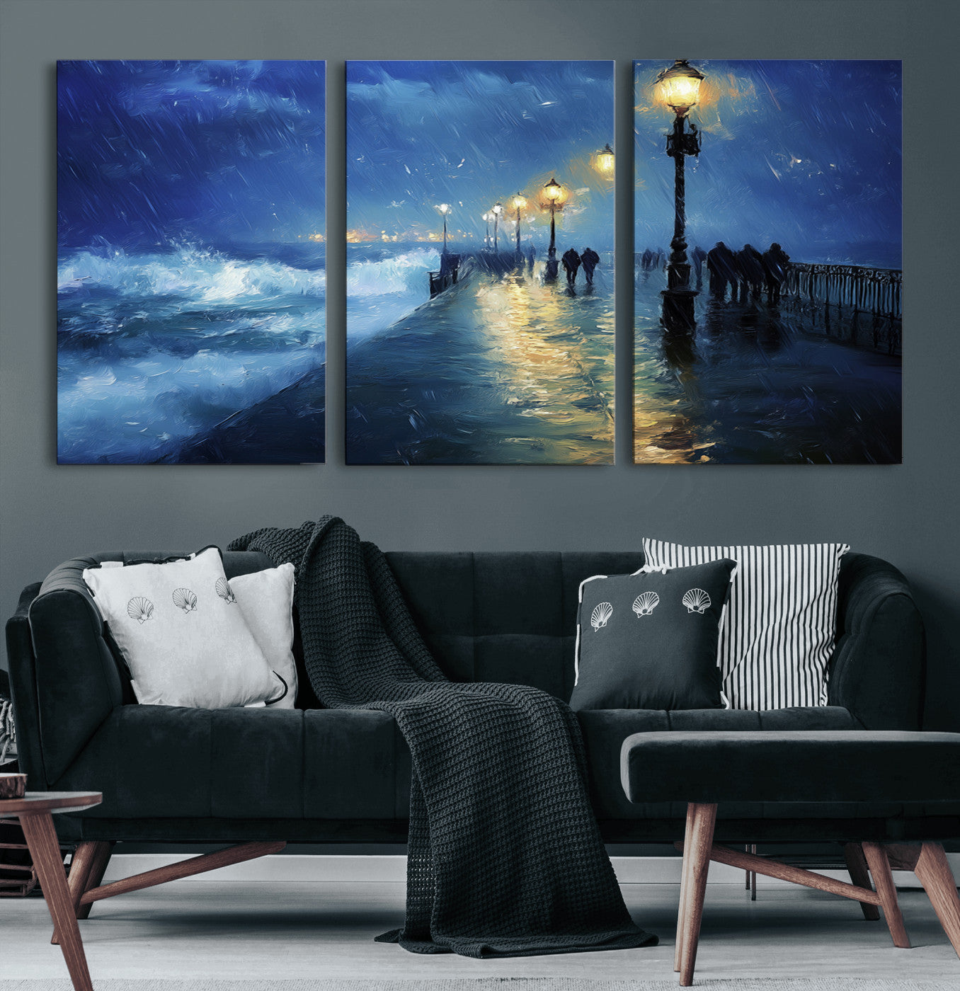 94571-MGV-CV-60X30-3P-Storm Ocean Pier Canvas Wall Art Print - Large Moody Night Scene Print, Seaside Wall Decor