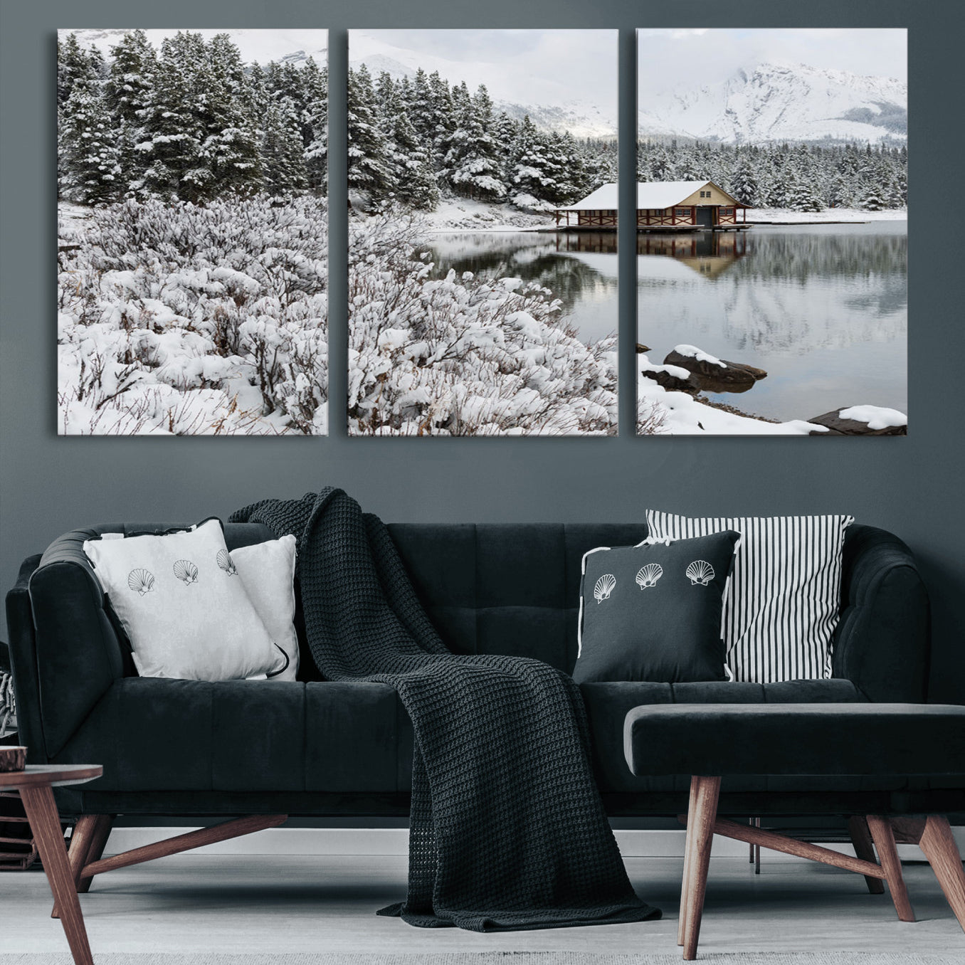 94285-MGV-CV-60X30-3P-Winter Wall Art - Cabin by the Lake Canvas Wall Art - Serene Snowy Landscape with Mountain View,