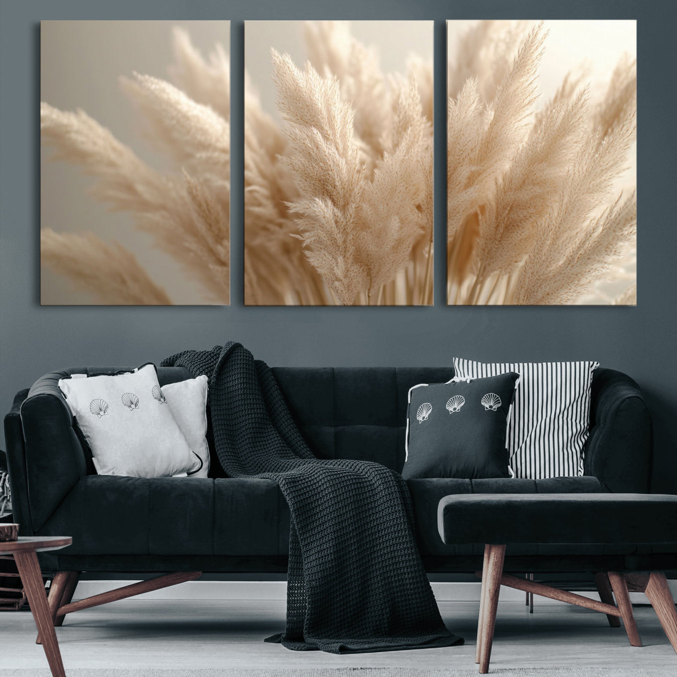 50300-MGV-CV-60X30-3P-Pampas Grass Canvas Wall Art - Elegant Neutral Decor for Living Room, Boho Minimalist Artwork, Ready