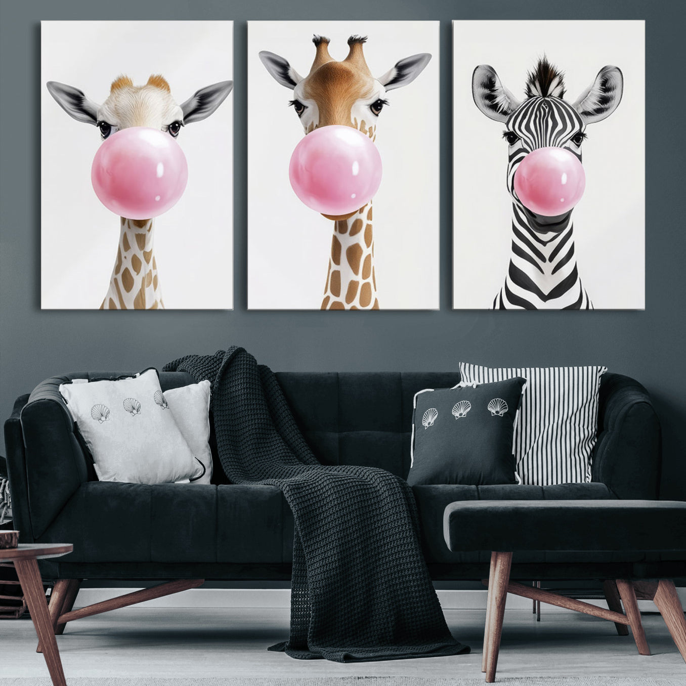 -Bubblegum Animals Canvas Wall Art - Playful Giraffe and Zebra Trio, Fun Nursery Decor for Kids'