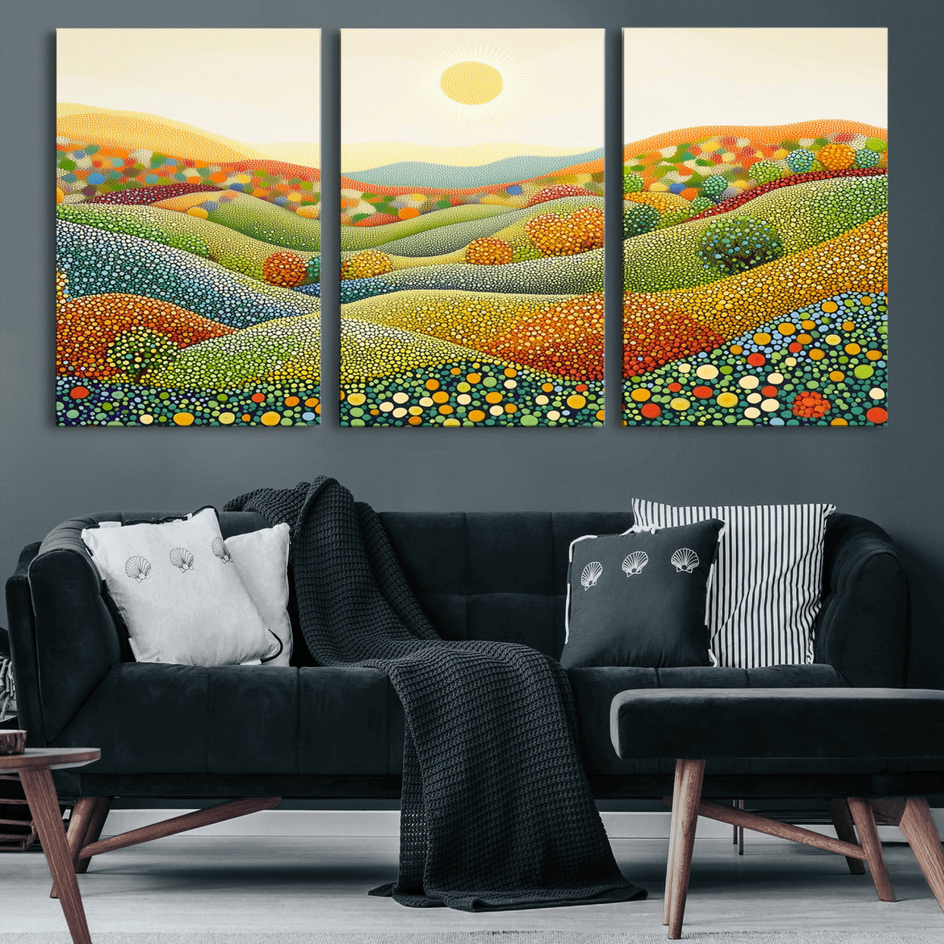 27683-MGV-CV-60X30-3P-YAYOI KUSAMA Wall Art - Colorful Dot Art Landscape Canvas, Framed Japanese Dot Art