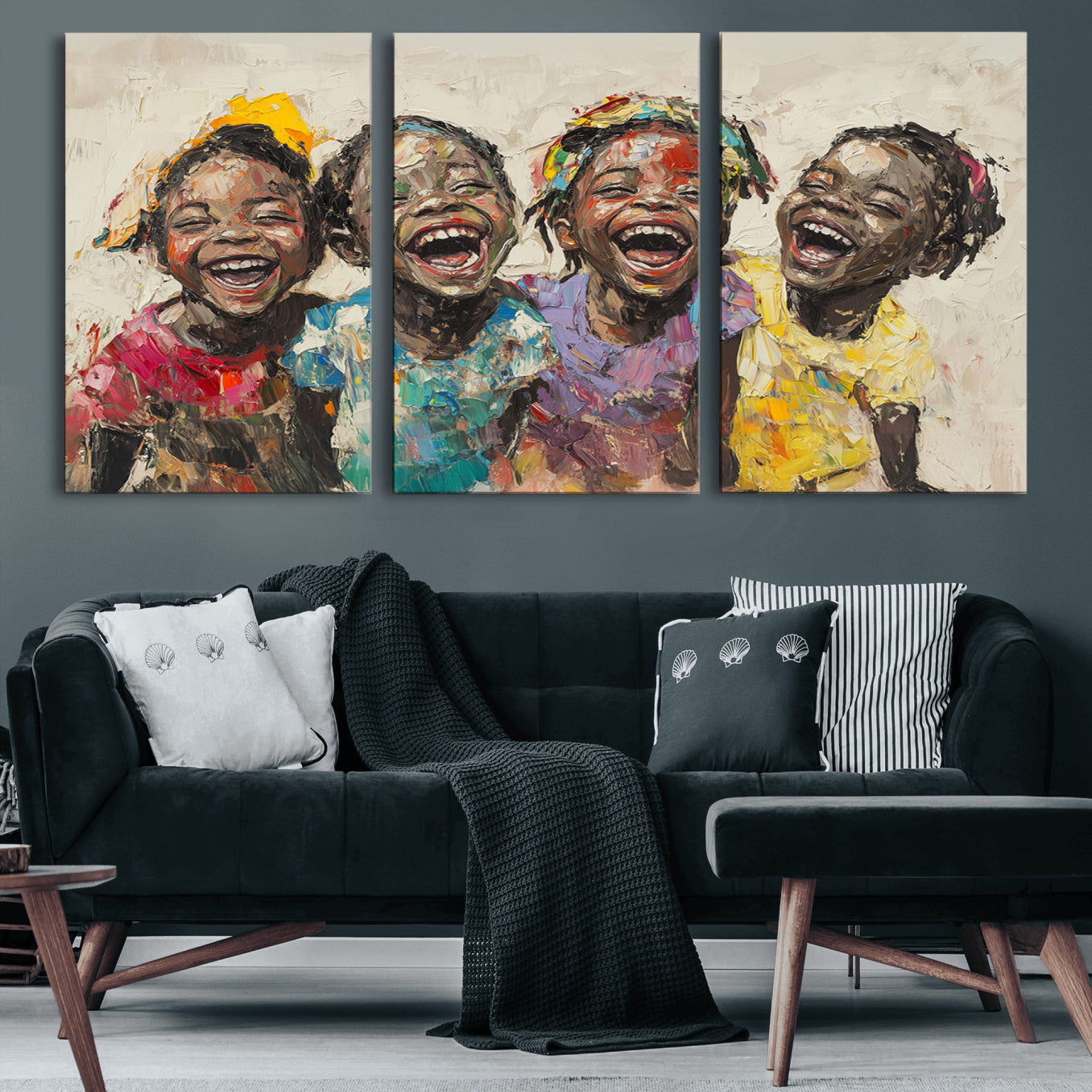 93034-MGV-CV-60X30-3P-Shai Yossef style Joyful Childhood Canvas Wall Art - Expressive Impasto Painting of Black Children