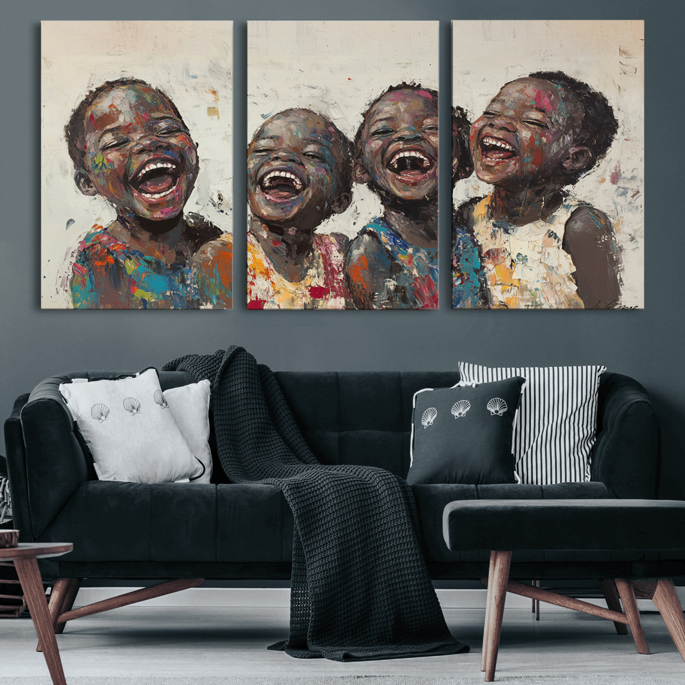 85256-MGV-CV-60X30-3P-Shai Yossef Print - Joyful Childhood Canvas Wall Art - Expressive Impasto Painting of Laughing