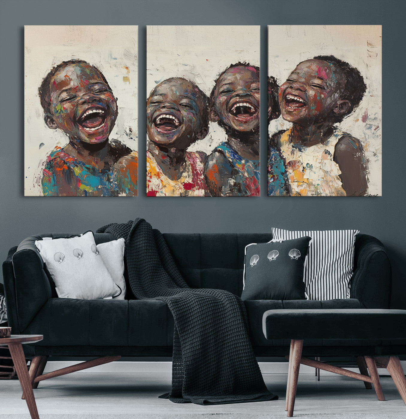 85256-MGV-CV-60X30-3P-Shai Yossef Print - Joyful Childhood Canvas Wall Art - Expressive Impasto Painting of Laughing