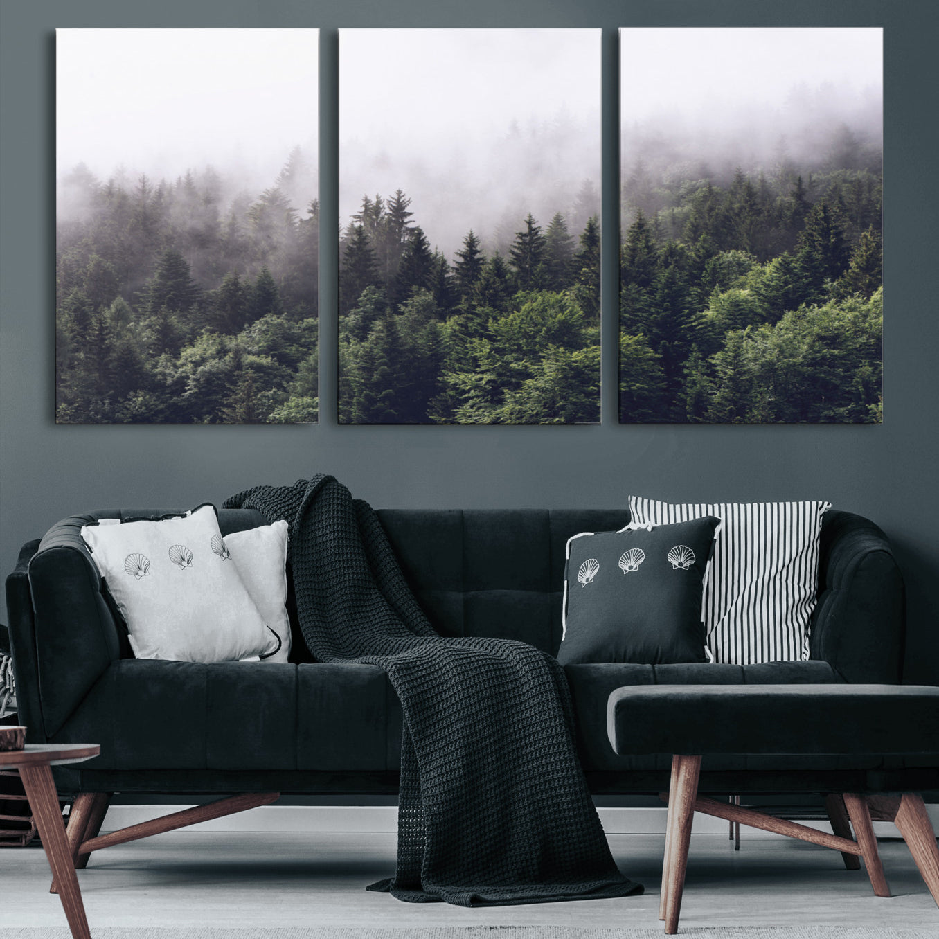 42578900-MGV-CV-60X30-3P-Misty Forest Wall Art | Foggy Forest Canvas Print | Large Nature-Inspired Misty Tree Landscape for