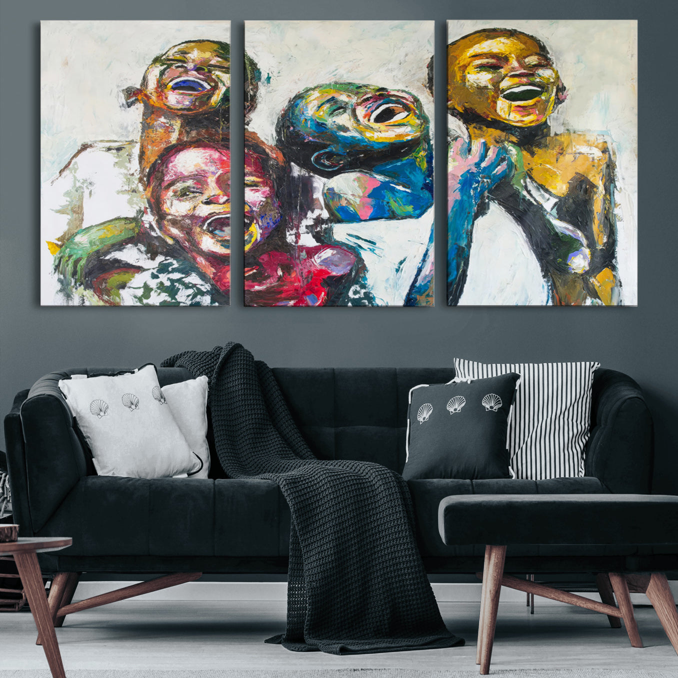 58627-MGV-CV-60X30-3P-Shai Yossef Style Canvas Art - Joyful African Black Kids Impasto Painting with Vibrant Brushstrokes,