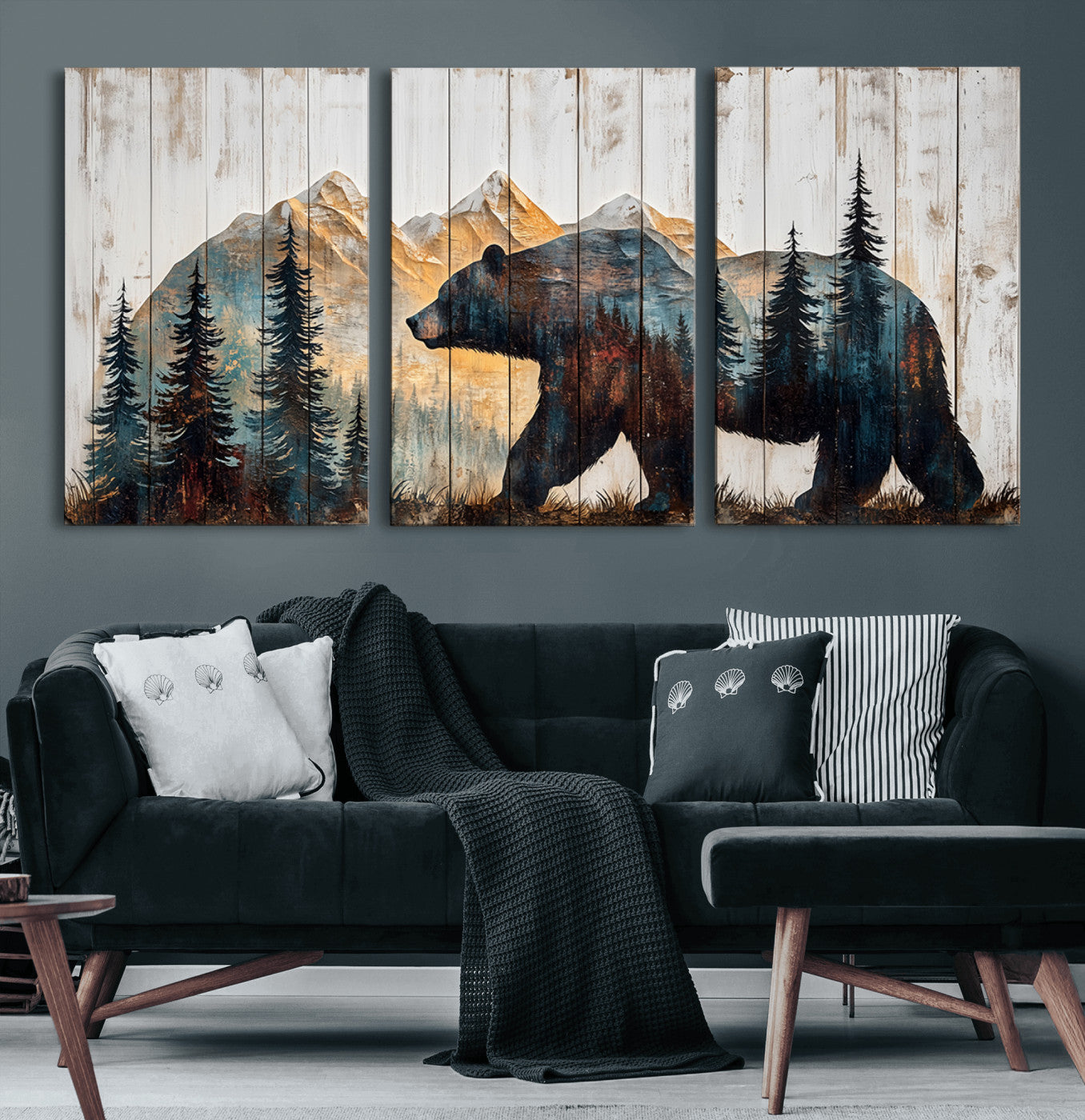 90077-MGV-CV-60X30-3P-Rustic Bear Wall Art - Grizzly 399 Bear Wall Art - Mountain Wood Canvas Wall Art - Nature Theme