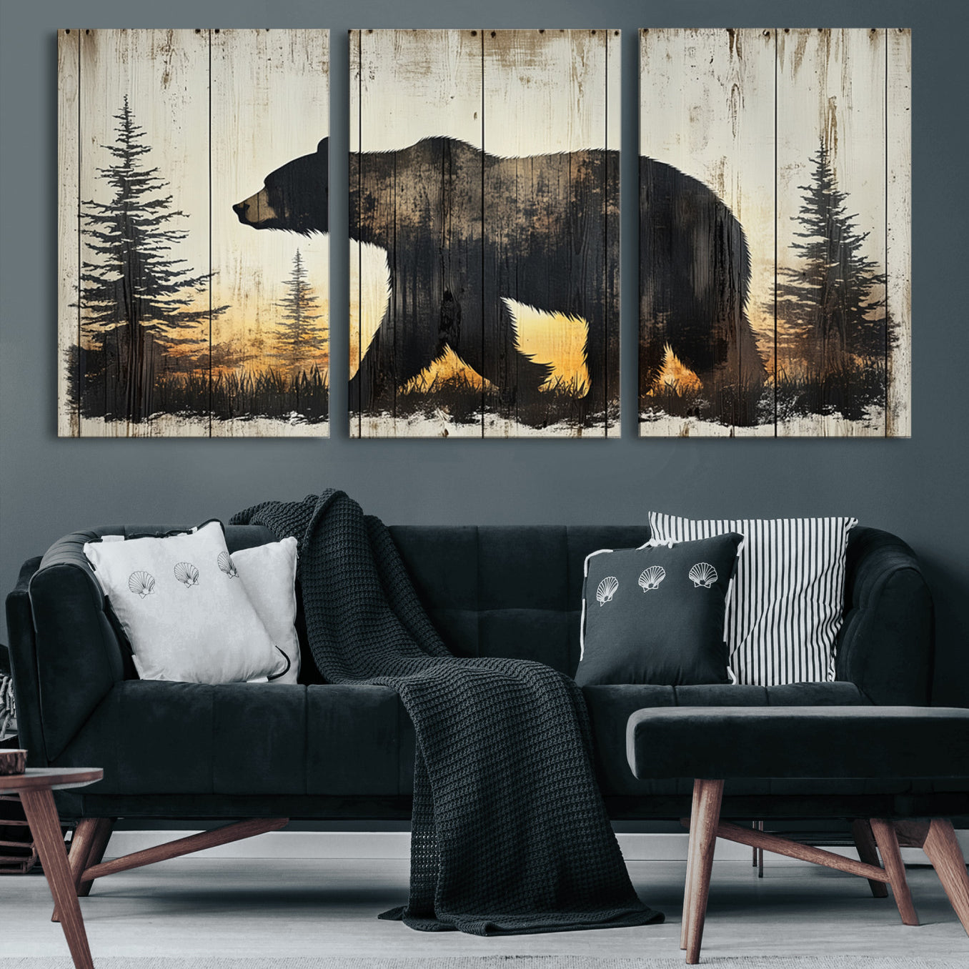 83875-MGV-CV-60X30-3P-Vintage Bear Wall Art Canvas Print for Farmhouse - Mountain Wood Canvas Wall Art - Forest Silhouette