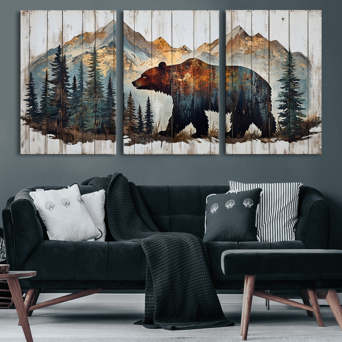 55777-MGV-CV-60X30-3P-Rustic Grizzly 399 Bear and Mountain Wood Canvas Wall Art - Framed Nature Artwork with Forest
