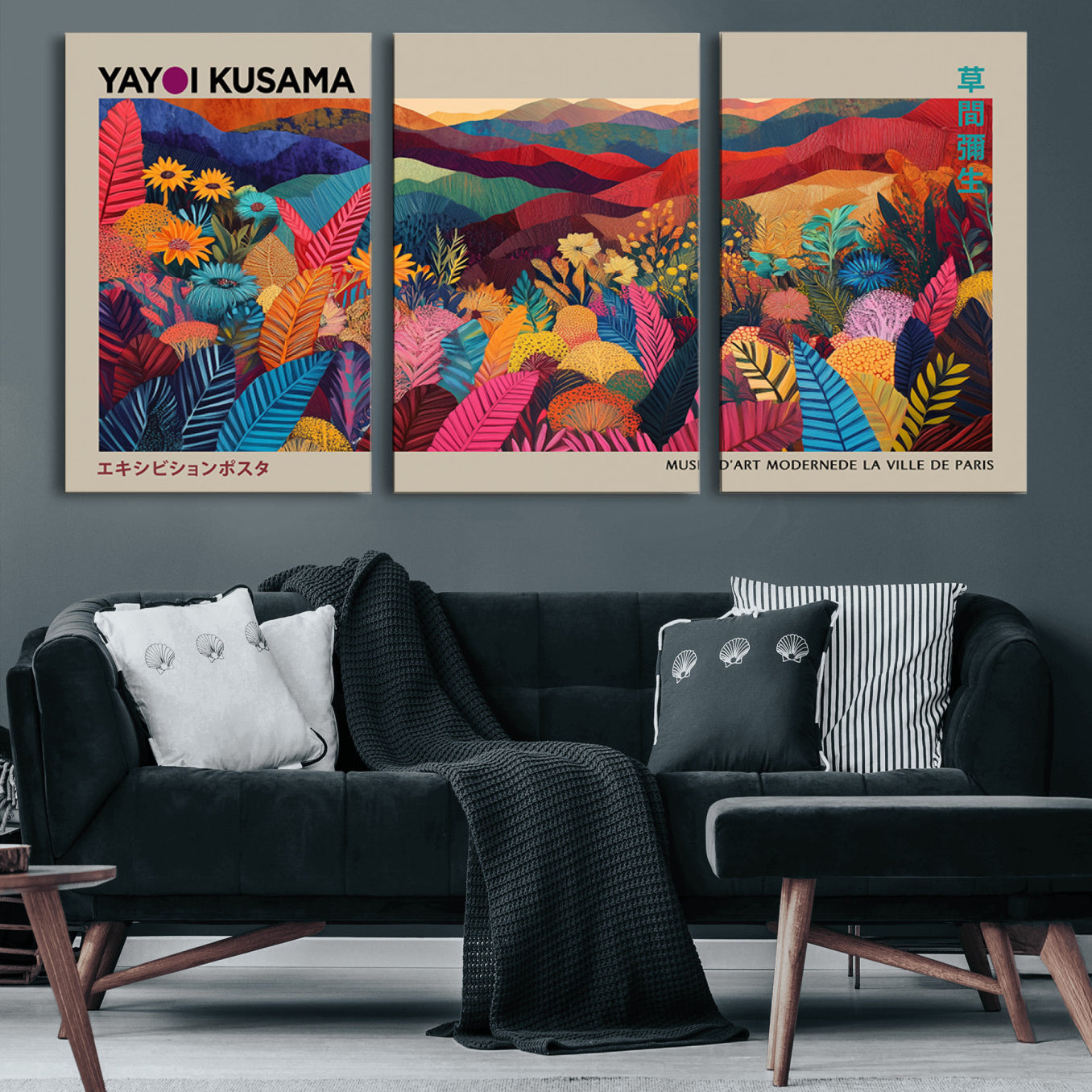 53639-MGV-CV-60X30-3P-Yayoi Kusama Wall Art Canvas Print, Abstract Art, Large Yayoi Kusama Framed Print, Japanese Wabi