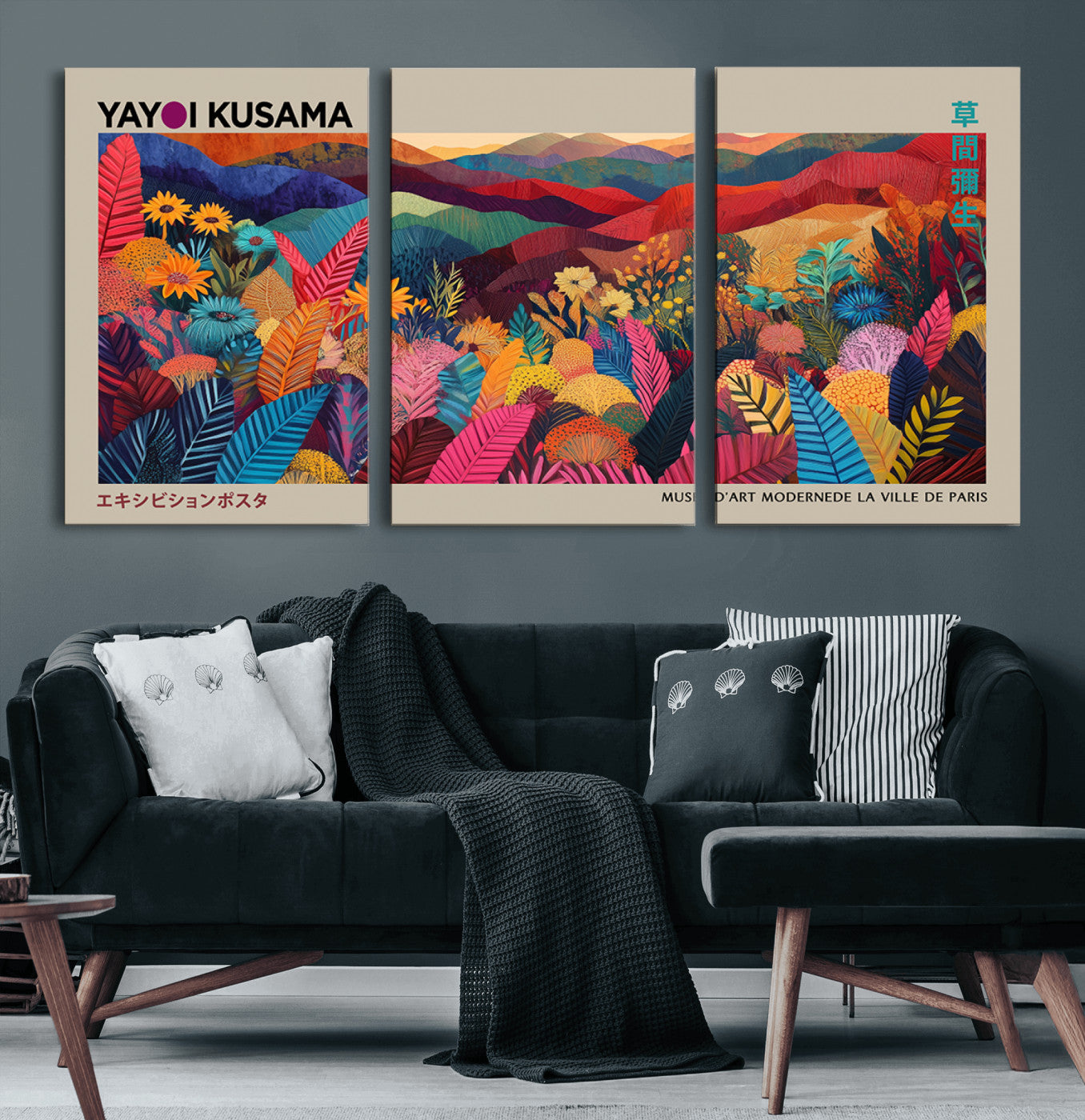 53639-MGV-CV-60X30-3P-Yayoi Kusama Wall Art Canvas Print, Abstract Art, Large Yayoi Kusama Framed Print, Japanese Wabi