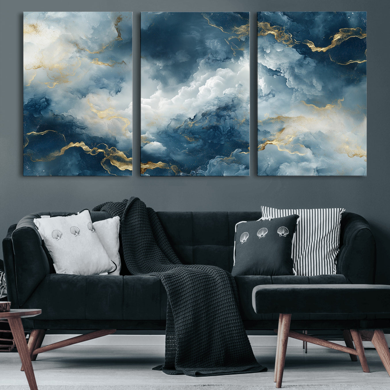 48298-MGV-CV-60X30-3P-Large Abstract Print - Luxe Blue and Gold Abstract Canvas Wall Art - Bold Cloudscape Canvas for