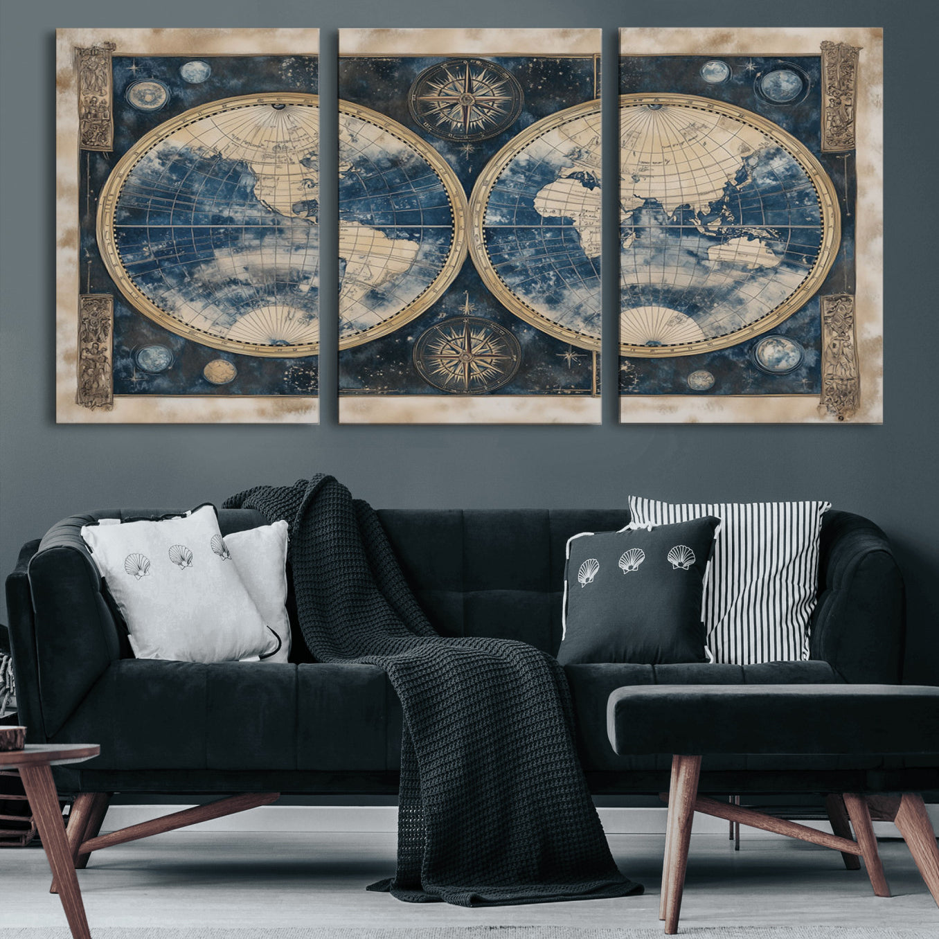 46473-MGV-CV-60X30-3P-Framed Vintage Blue World Map Canvas Print – Antique Double Hemisphere Wall Art for Home and Office Decor, Classic Explorer Map Artwork