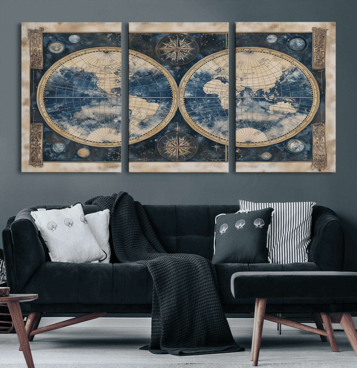 46473-MGV-CV-60X30-3P-Framed Vintage Blue World Map Canvas Print – Antique Double Hemisphere Wall Art for Home and Office Decor, Classic Explorer Map Artwork