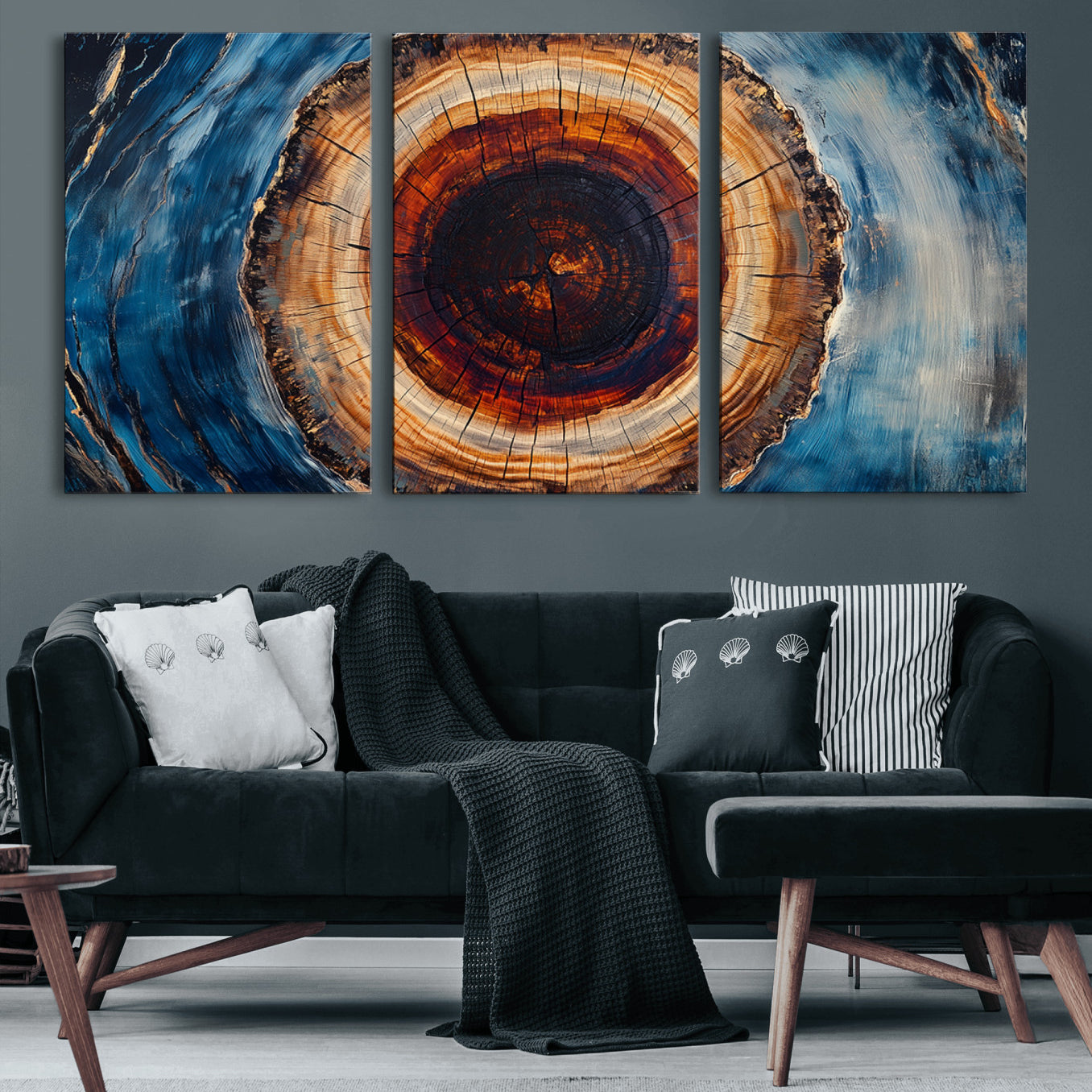 30457-MGV-CV-60X30-3P-Framed Abstract Tree Ring Wall Art Print, Natural Rustic Wood Texture Canvas Print, Wood Tree Stump