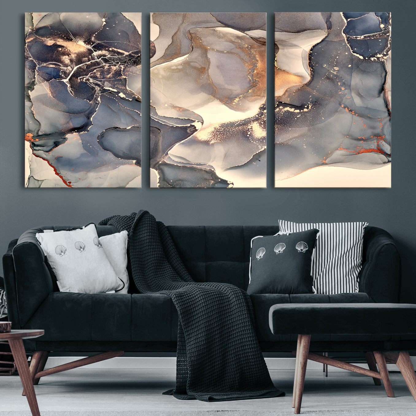 18202-MGV-CV-60X30-3P-Abstract Blue and Gold Wall Art - Fluid Ink Artwork - Modern Luxury Wall Decor for Contemporary