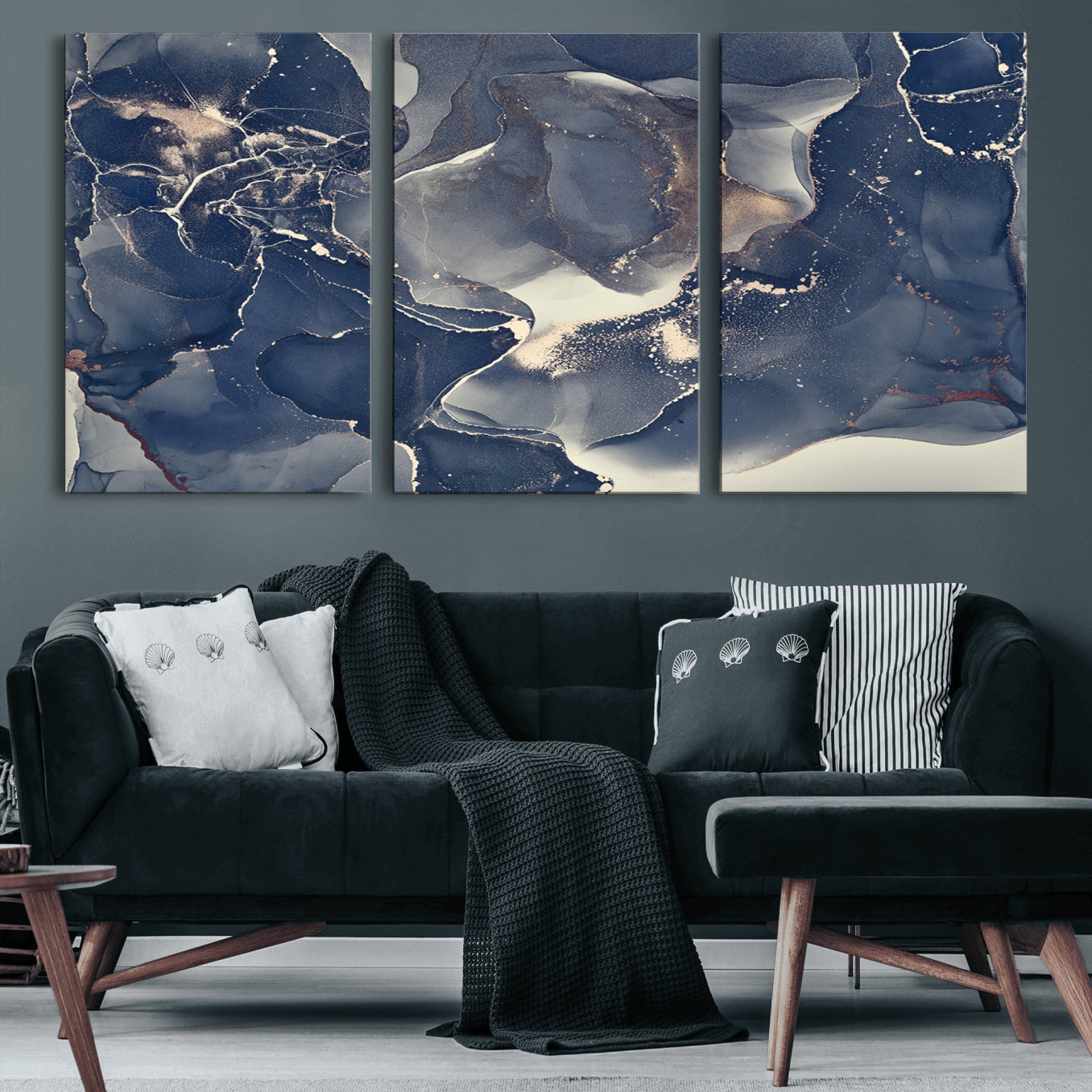 28282-MGV-CV-36X24-Large Abstract Blue and Gold Canvas Wall Art | Fluid Ink Artwork Print | Luxury Wall Decor for