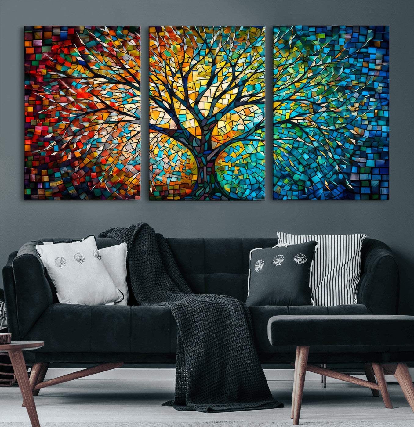 99325-MGV-CV-60X30-3P-Yggdrasil Tree of Life Wall Art Print Canvas | Mosaic Style 3-Panel Canvas Print