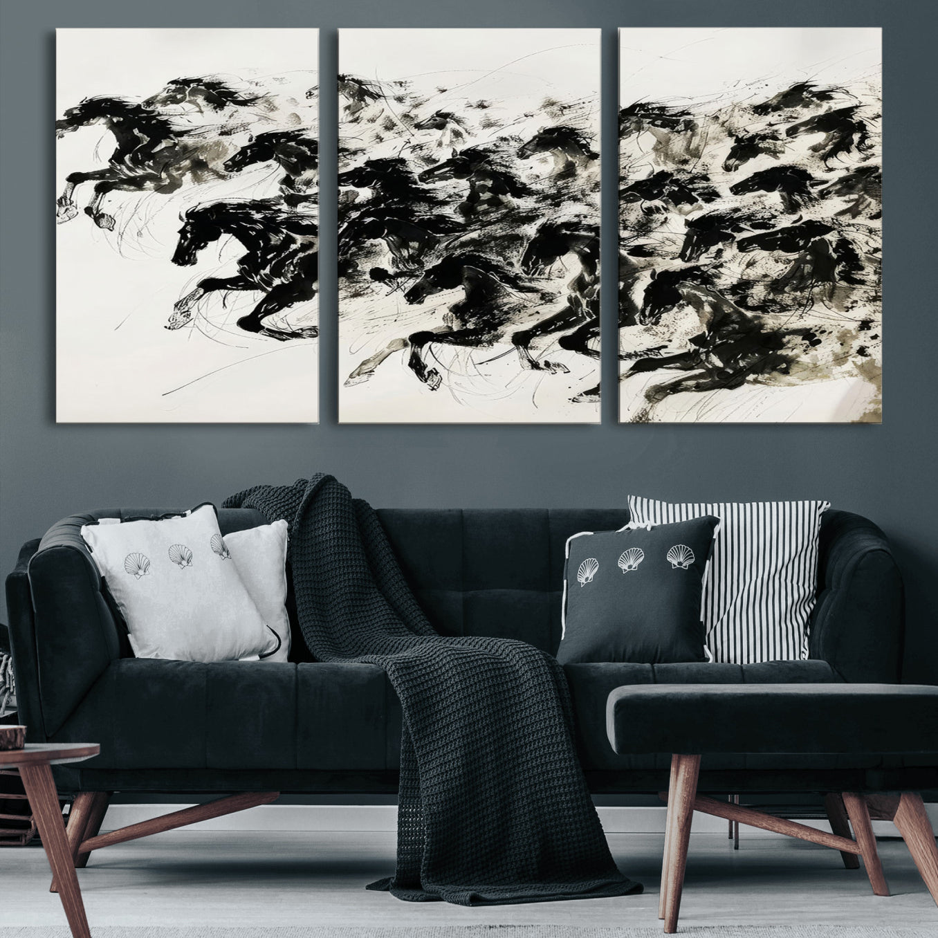 23069-MGV-CV-60X30-3P-Abstract Horse Wall Art Canvas Print - Dynamic Black Ink Horse Print - Modern Equine Wall Decor for