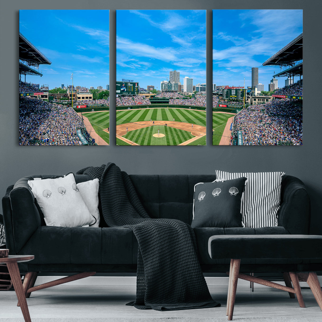 32373-MGV-CV-60X30-3P-Wrigley Field Chicago Cubs Panoramic Art Multi Piece Canvas - Iconic Baseball Stadium Print for