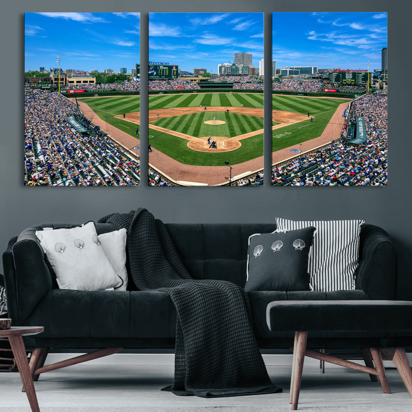 26064-MGV-CV-60X30-3P-Framed Wrigley Field Chicago Cubs Canvas Print – Panoramic Multi-Piece Iconic Baseball Stadium Wall Art for Home, Office
