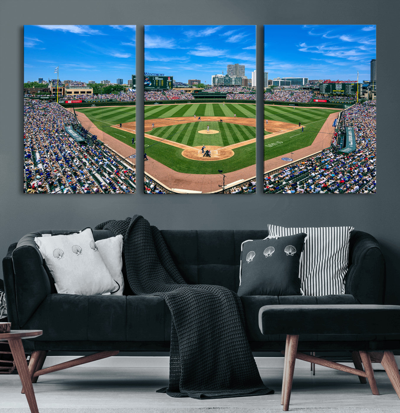 26064-MGV-CV-60X30-3P-Framed Wrigley Field Chicago Cubs Canvas Print – Panoramic Multi-Piece Iconic Baseball Stadium Wall Art for Home, Office