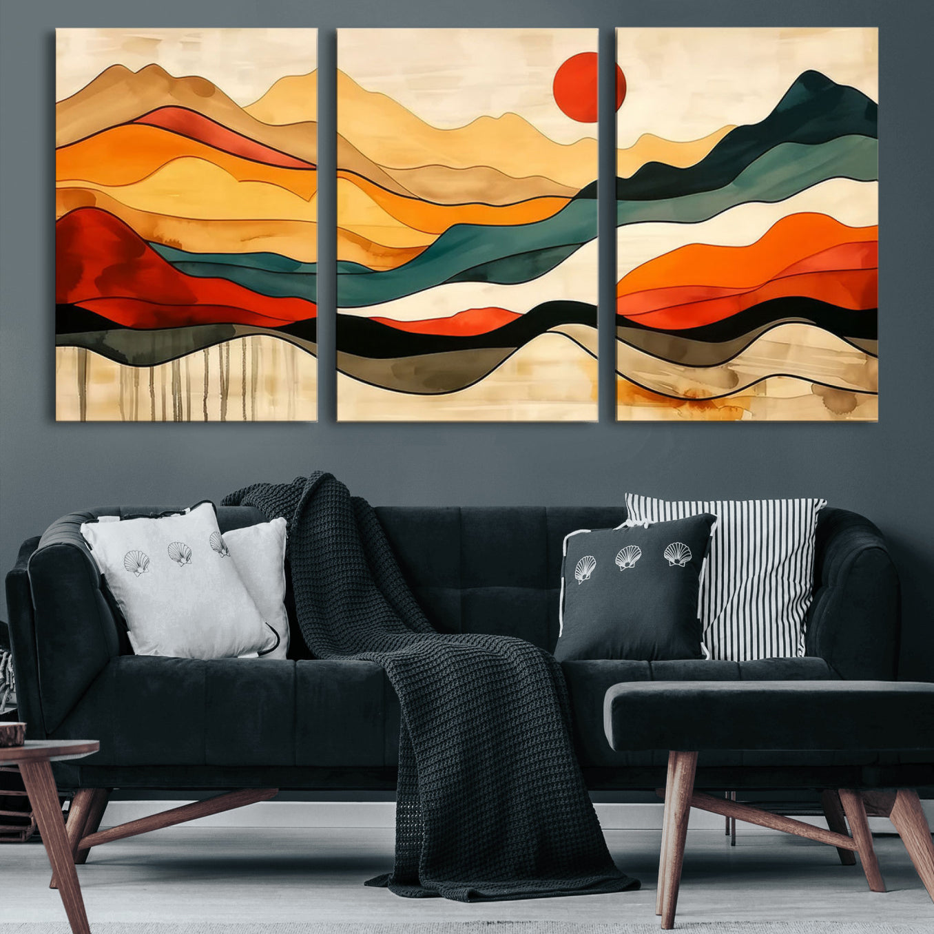 A vibrant abstract landscape featuring layered hills in rich earth tones with a striking red sun, evoking warmth and movement in a minimalist style.