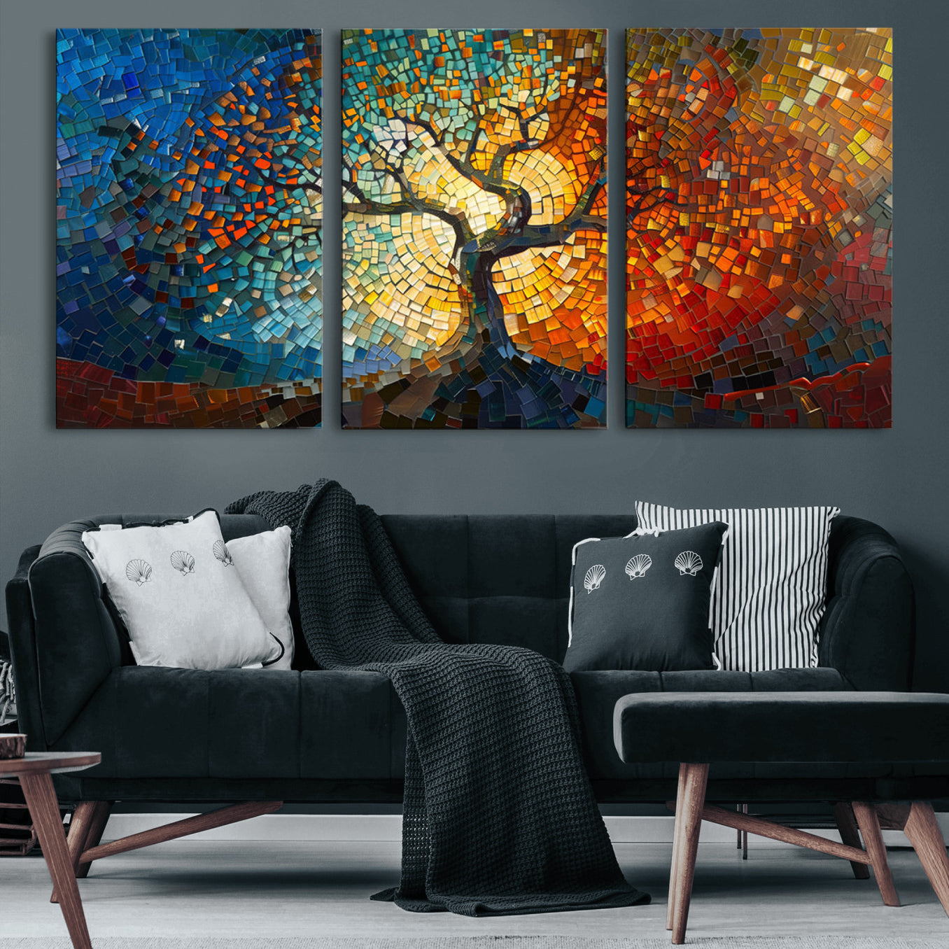 66056-MGV-CV-60X30-3P-Yggdrasil Tree of Life Mosaic Stained Glass Wall Art Canvas, Yggdrasil Tree of Life Mosaic Canvas