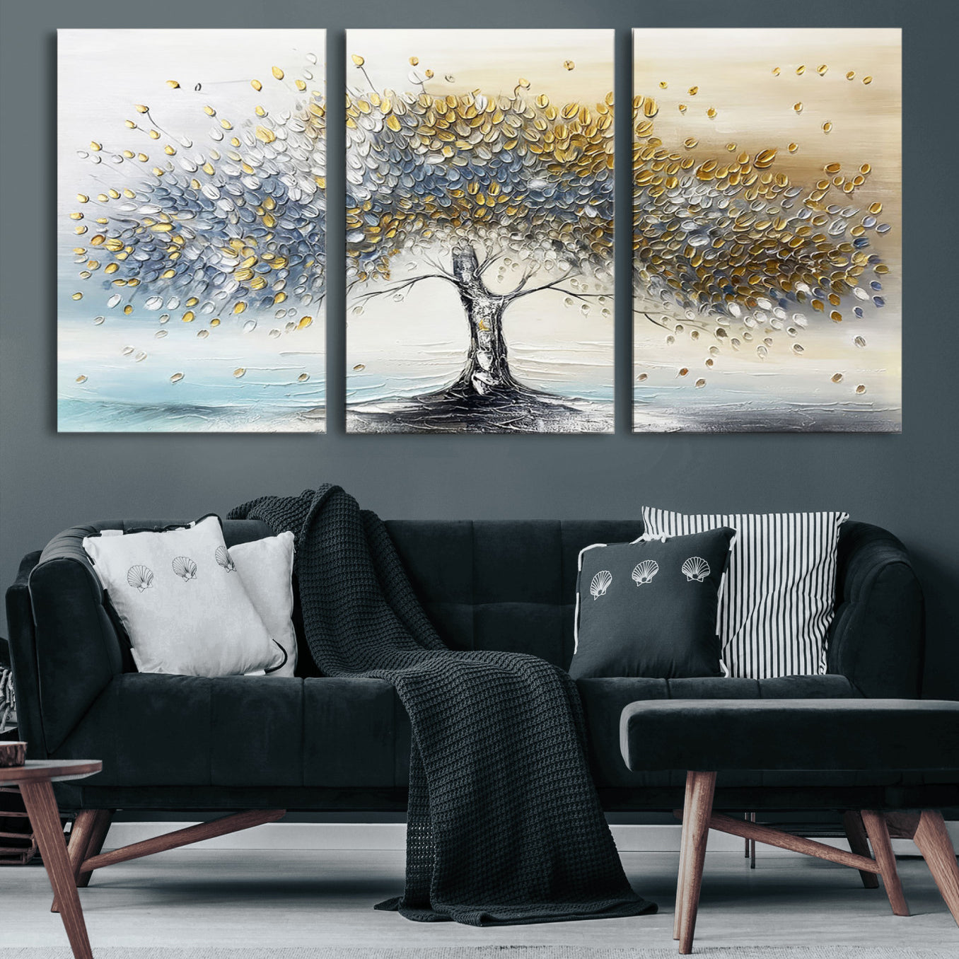 An elegant impasto painting featuring a tree with shimmering silver and gold leaves, blending soft pastels to create a calm and sophisticated atmosphere.