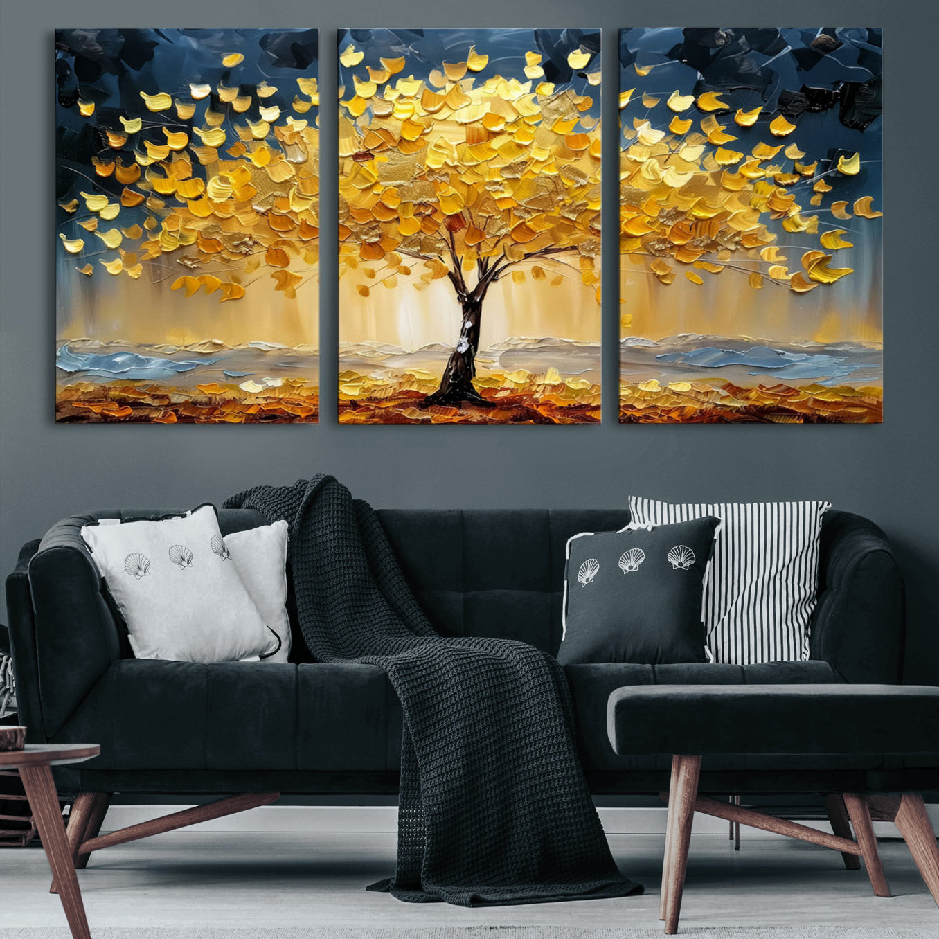 45682-MGV-CV-60X30-3P-Golden Autumn Tree Wall Art – Framed Fall Leaves Canvas Artwork, Vibrant Seasonal Design, Cozy Nature Decor for Home, Office