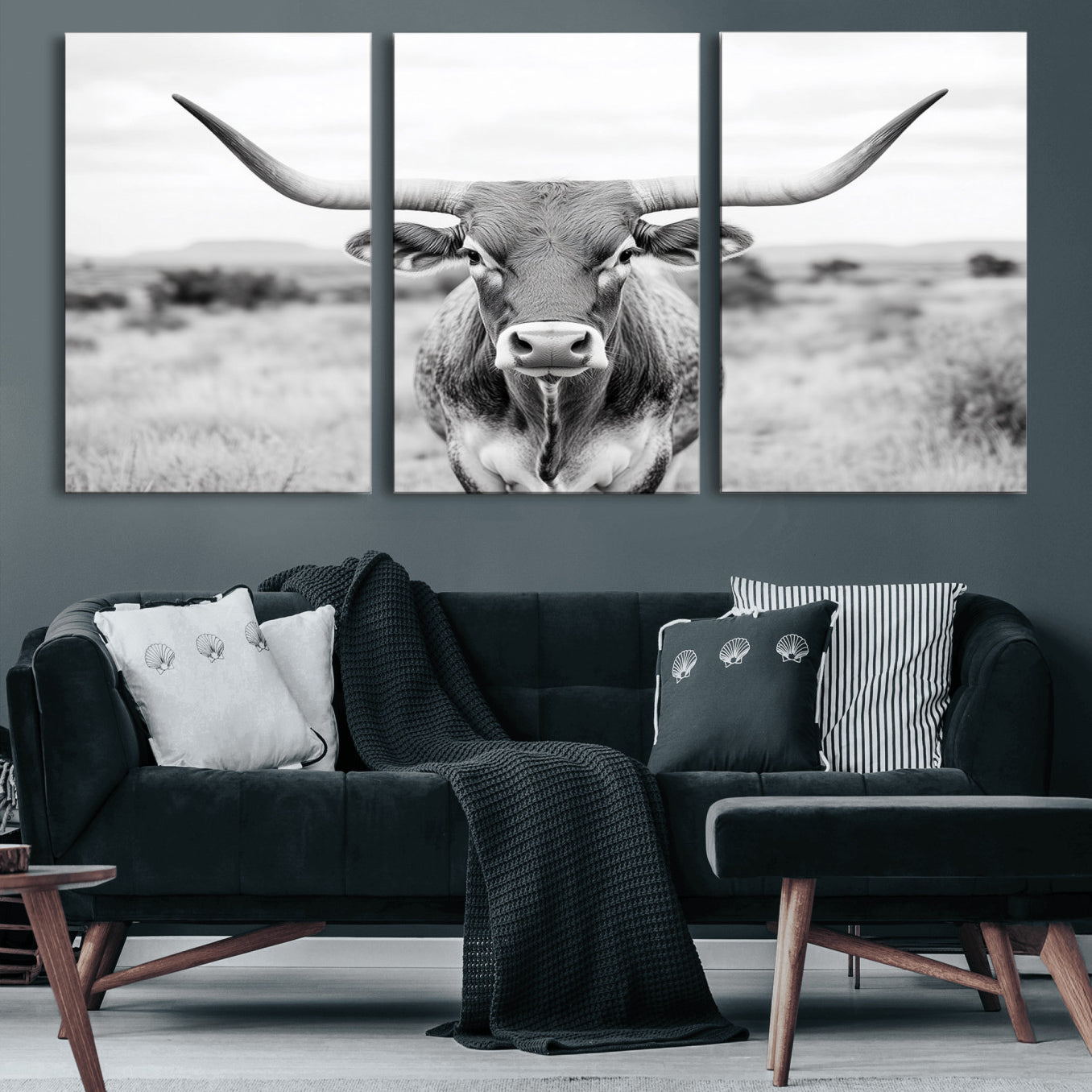 45545-MGV-CV-60X30-3P-Highland Cow Wall Art Print - Black and White Texas Western Longhorn Canvas - Farmhouse Decor Print