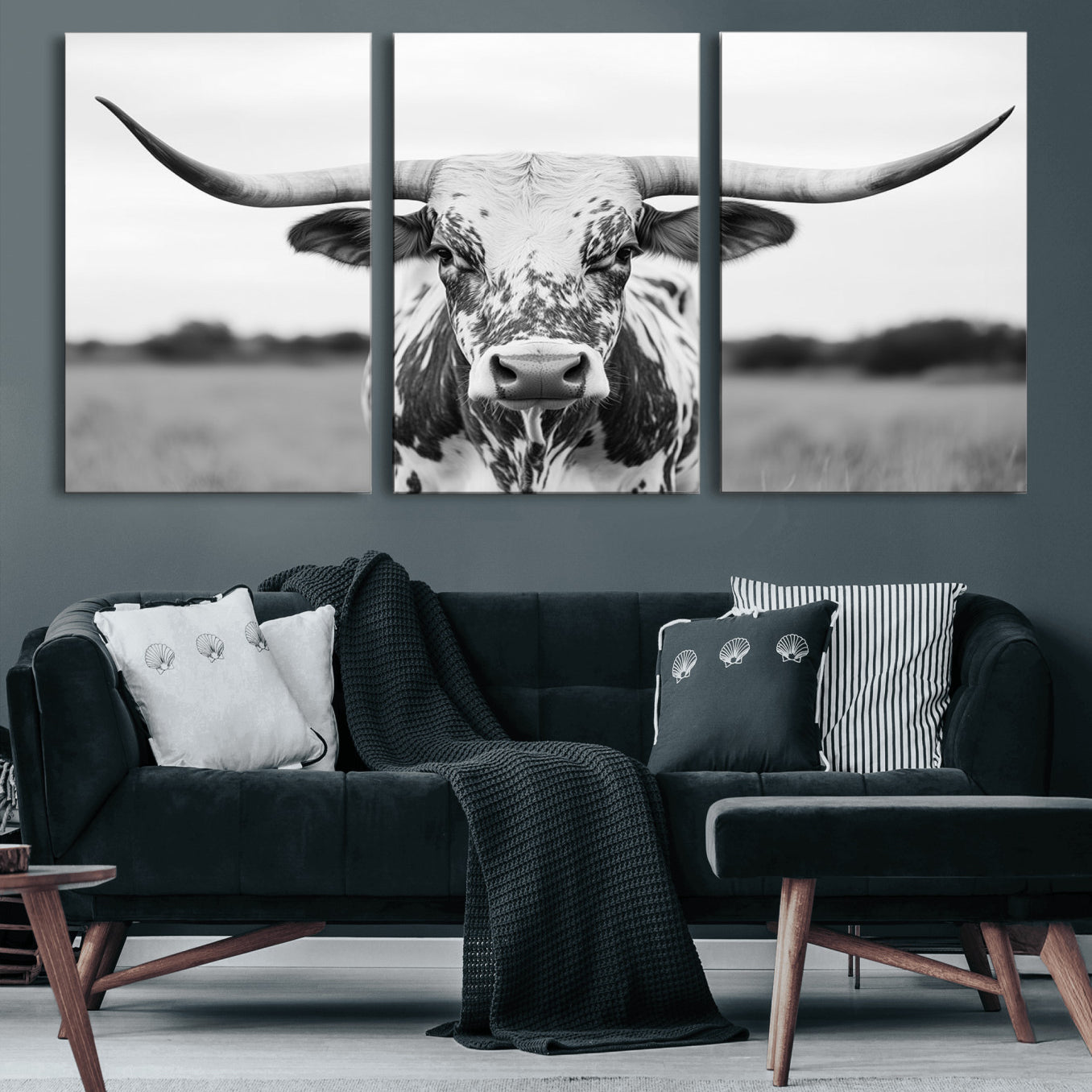 -Highland Cow Wall Art - Black and White Western Longhorn Canvas Print - Farmhouse Living Room Decor