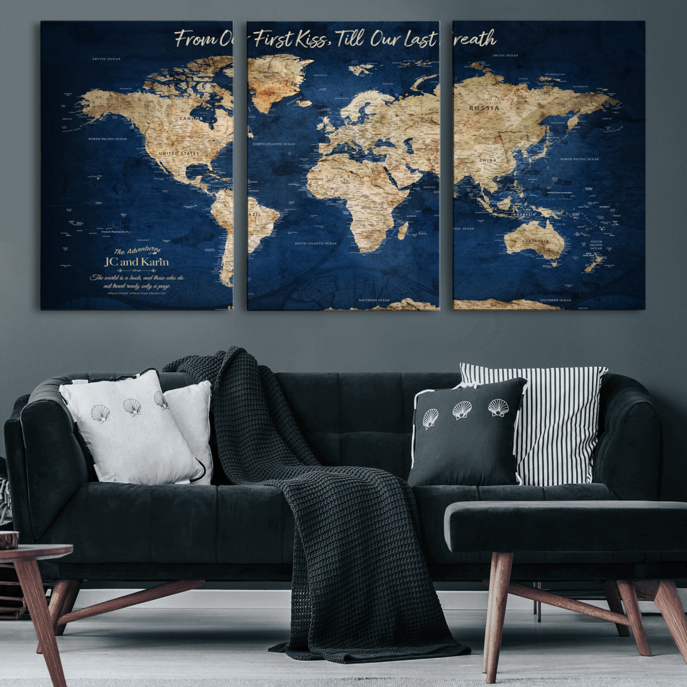 56122A-MGV-CV-60X30-3P-Personalized Push Pin World Map Canvas Print – Custom Couple Travel Tracker Wall Art, Framed Anniversary Gift for Home Decor