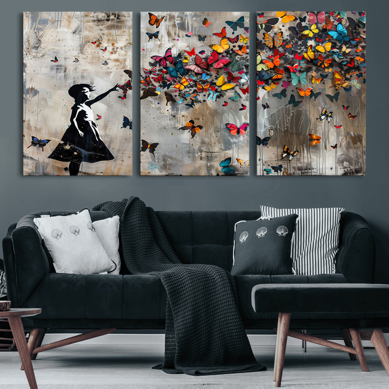 51446-MGV-CV-36X24 - Framed Banksy Butterfly Girl Wall Art ,3-Piece Butterfly Girl Canvas, Modern Graffiti Canvas Print