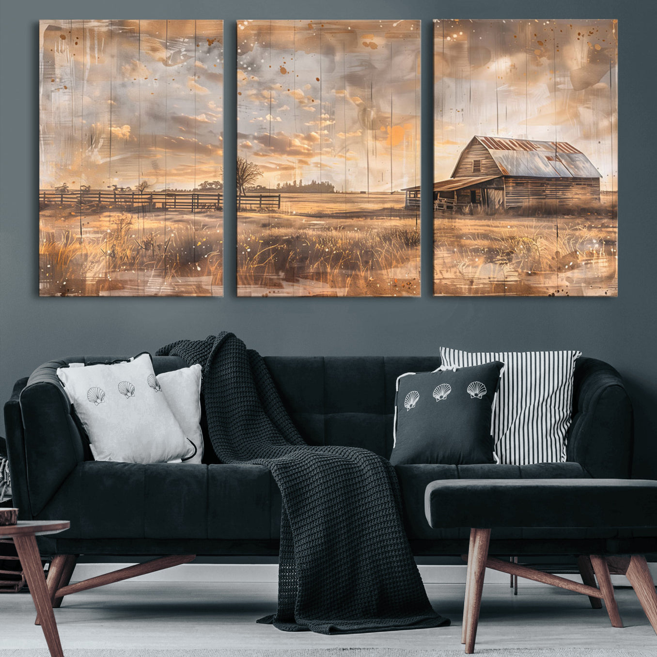 FARM2-MGV-CV-60X30-3P-Rustic Farmhouse Wall Art Canvas Print | Barn and Field Canvas Print | Vintage Country Landscape