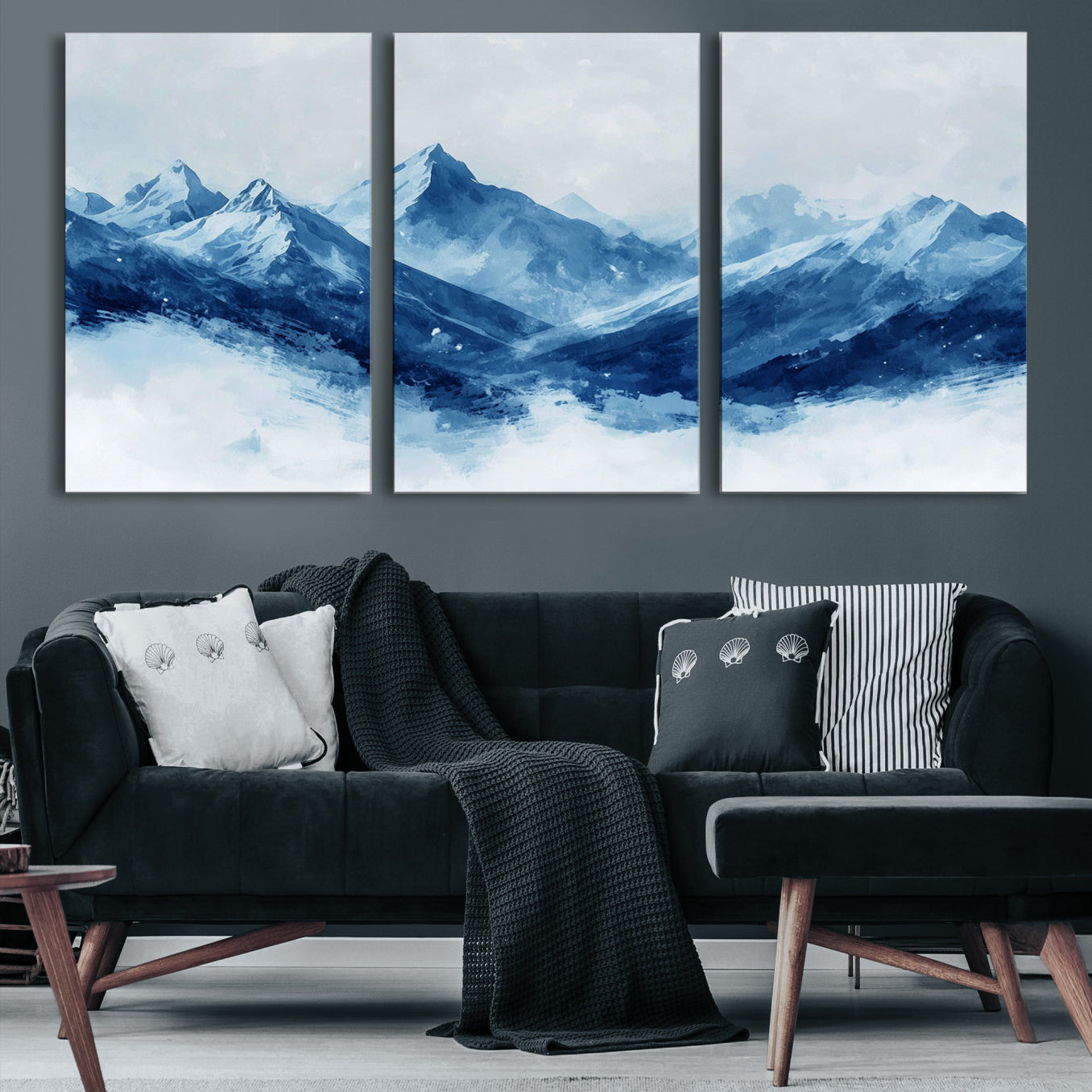 Peaceful watercolor-style painting of snowy blue mountains in soft tones, perfect for winter-themed or minimalist wall decor.
