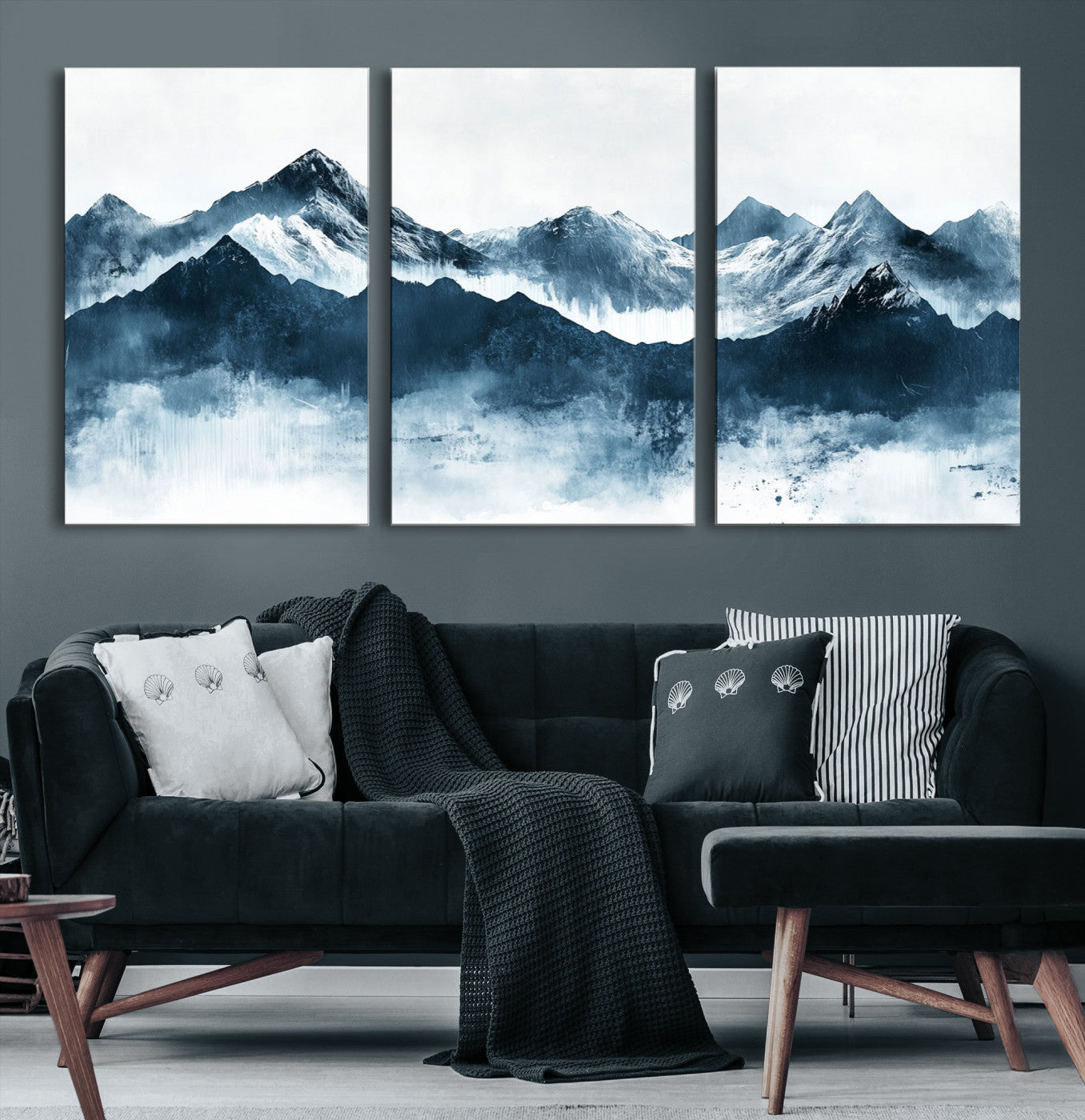 Abstract blue-toned canvas of snowy mountains in misty tones, ideal for minimalist or moody alpine-inspired home decor.