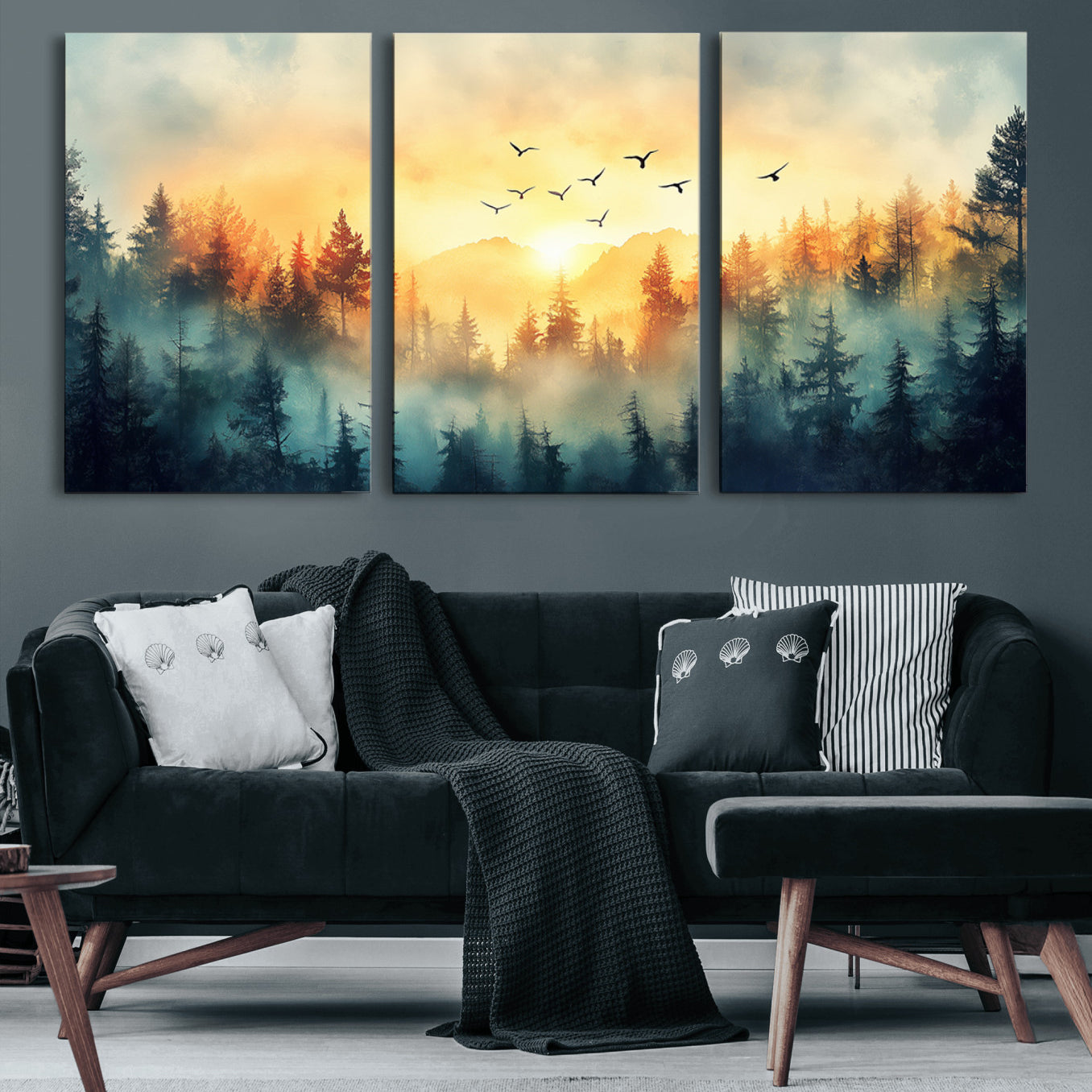FRSABS2-MGV-CV-60X30-3P-Abstract Forest Wall Art Print- Serene Nature Canvas Print with Misty Forest Design for Modern Home