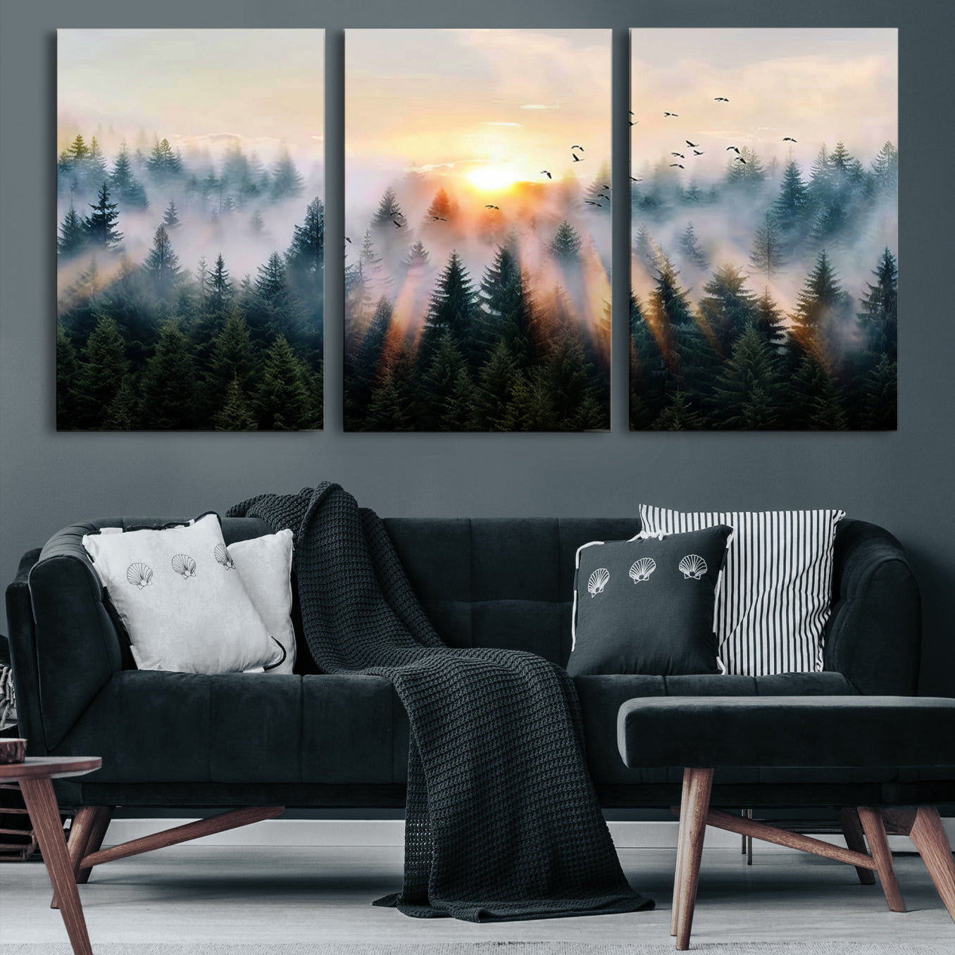 Canvas of a misty pine forest at sunrise with birds flying through golden morning rays, perfect for serene and moody woodland-style home decor.