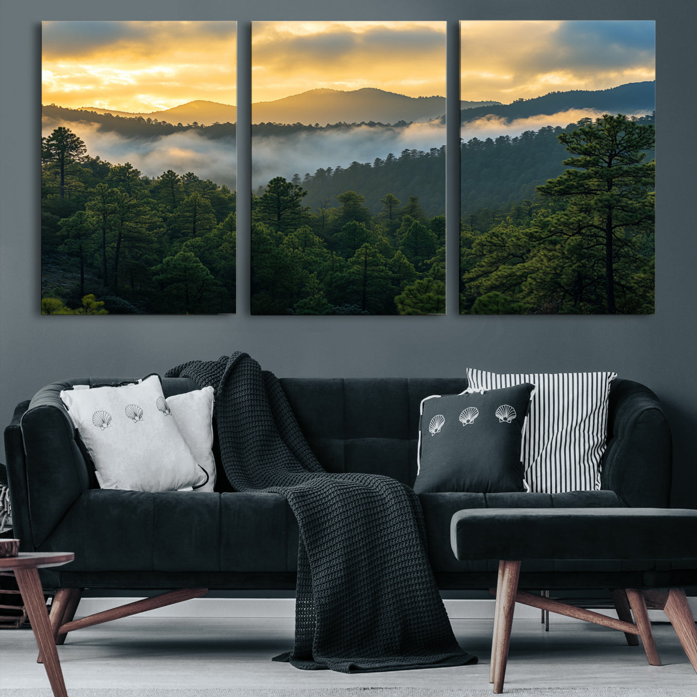 Canvas of misty pine-covered mountains at sunrise, featuring golden light and fog layers, ideal for tranquil earthy home decor.