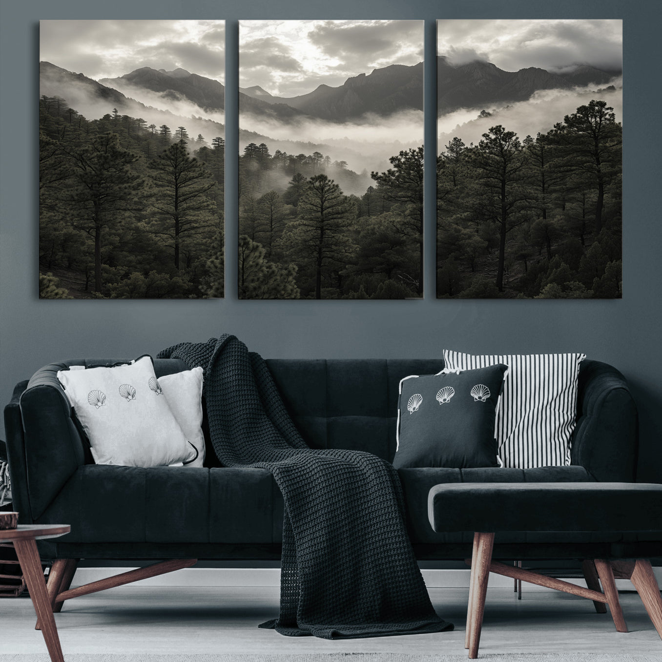 MGV-CV-60X30-3P - Misty Mountain Forest Wall Art – Canvas Print of Cloudy Peaks, Tranquil Pines, Enchanted Landscape, Majestic Nature Decor for Home or Office
