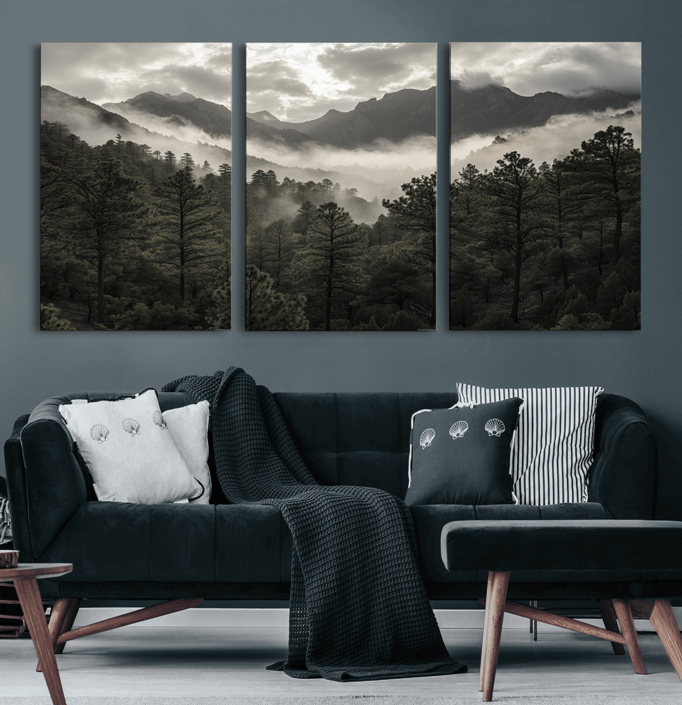 96173787-MGV-CV-60X30-3P-Moody Forest Wall Art – Framed Mountain Fog Canvas Artwork, Misty Woodland Design, Tranquil Nature Decor for Home, Office