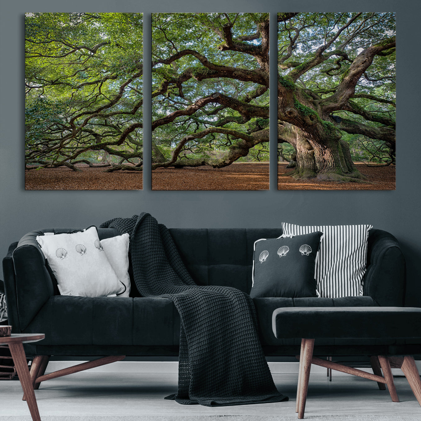 MGV-CV-60X30-3P - Ancient Oak Tree Wall Art – Canvas Print of Expansive Branches Lush Green Canopy, Tranquil Landscape, Majestic Nature Decor for Home or Office