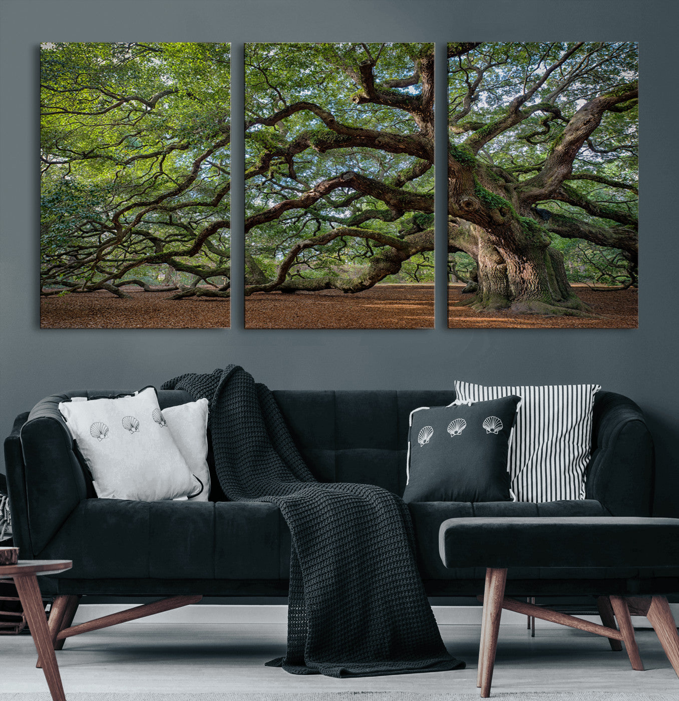 94886260-MGV-CV-60X30-3P-Historic Tree Wall Art – Framed Mossy Branch Canvas Artwork, Twisted Woodland Design, Rustic Nature Decor for Home, Office