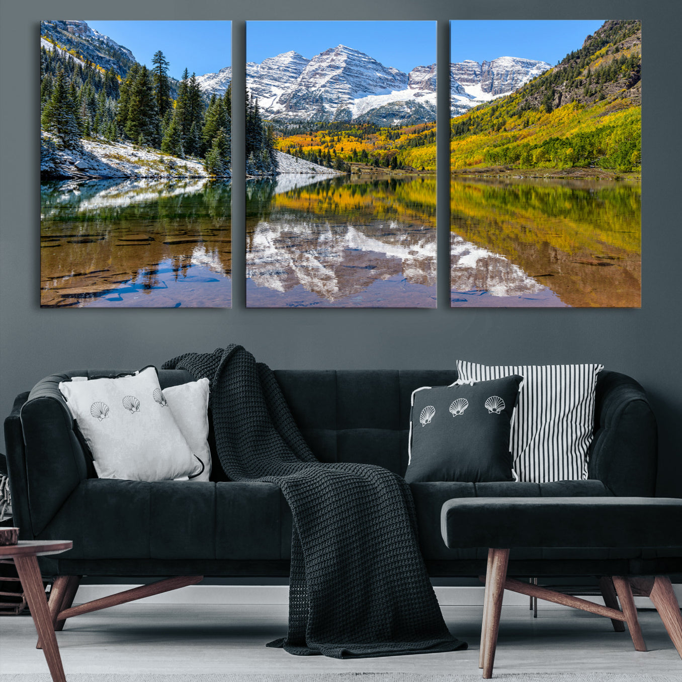 Canvas of Maroon Bells reflected in a clear alpine lake, with golden aspens and snowy peaks, ideal for crisp autumn or mountain-themed decor.