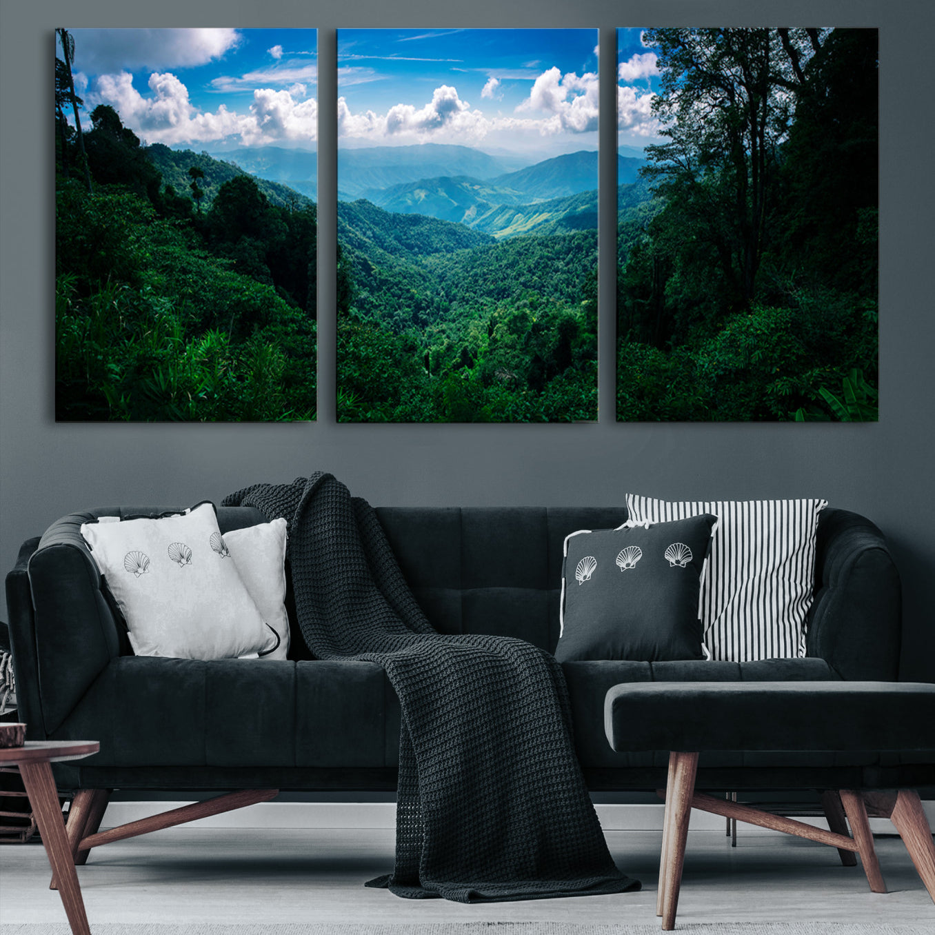 Canvas of a misty tropical jungle with vibrant greenery and layered blue mountains, ideal for exotic nature-themed wall décor.